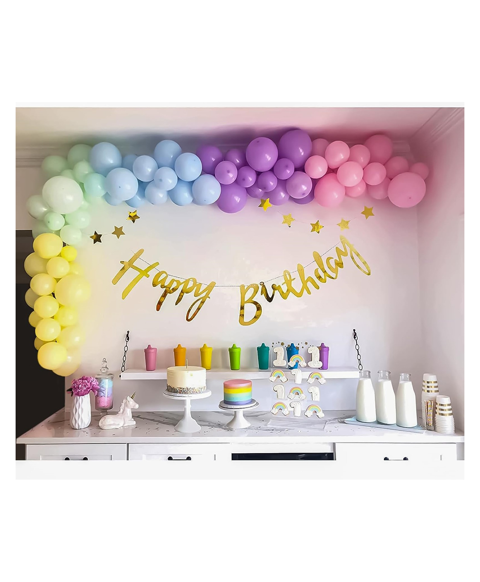 Bubble Trouble Birthday Decorations DIY Kit Combo for Girls & Women with Pastel Pink Blue Green Yellow, Peach & Purple Balloons & Gold Cursive HBD Banner for Party Decor pastel balloons for Birthday Party - Pack of 53 Items-image-5