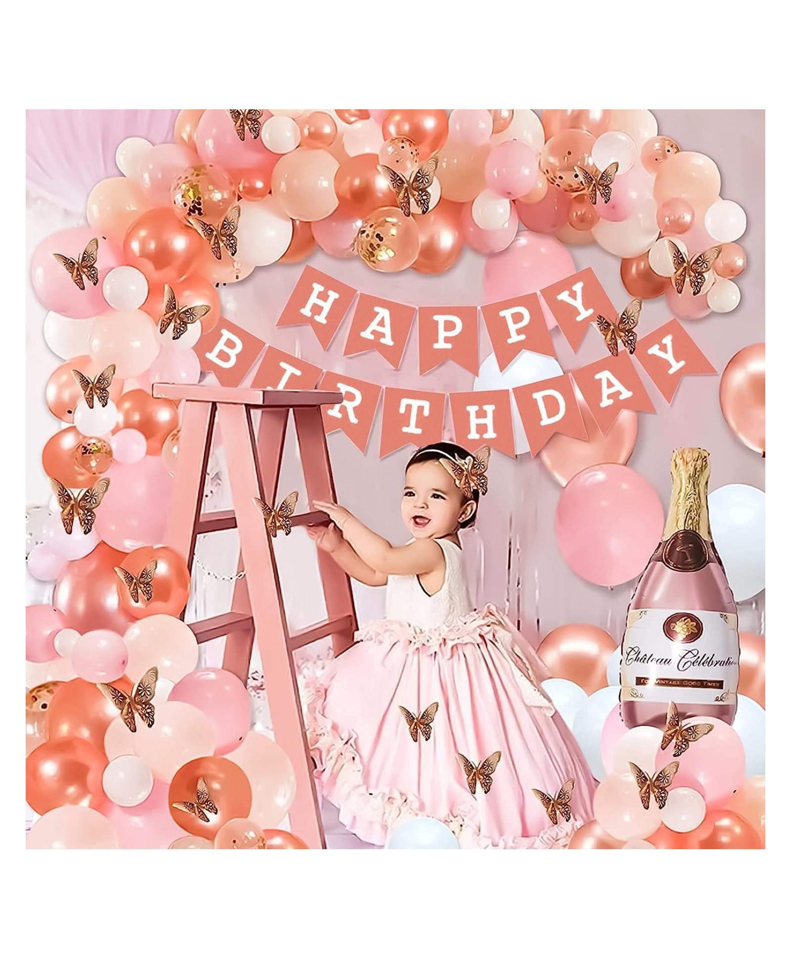 Bubble Trouble Pink theme birthday decoration items kit for girls with 3D Golden Butterfly stickers Pink Peach Rosegold white & Rosegold Confetti party balloons- Set of 79 Items-image-13