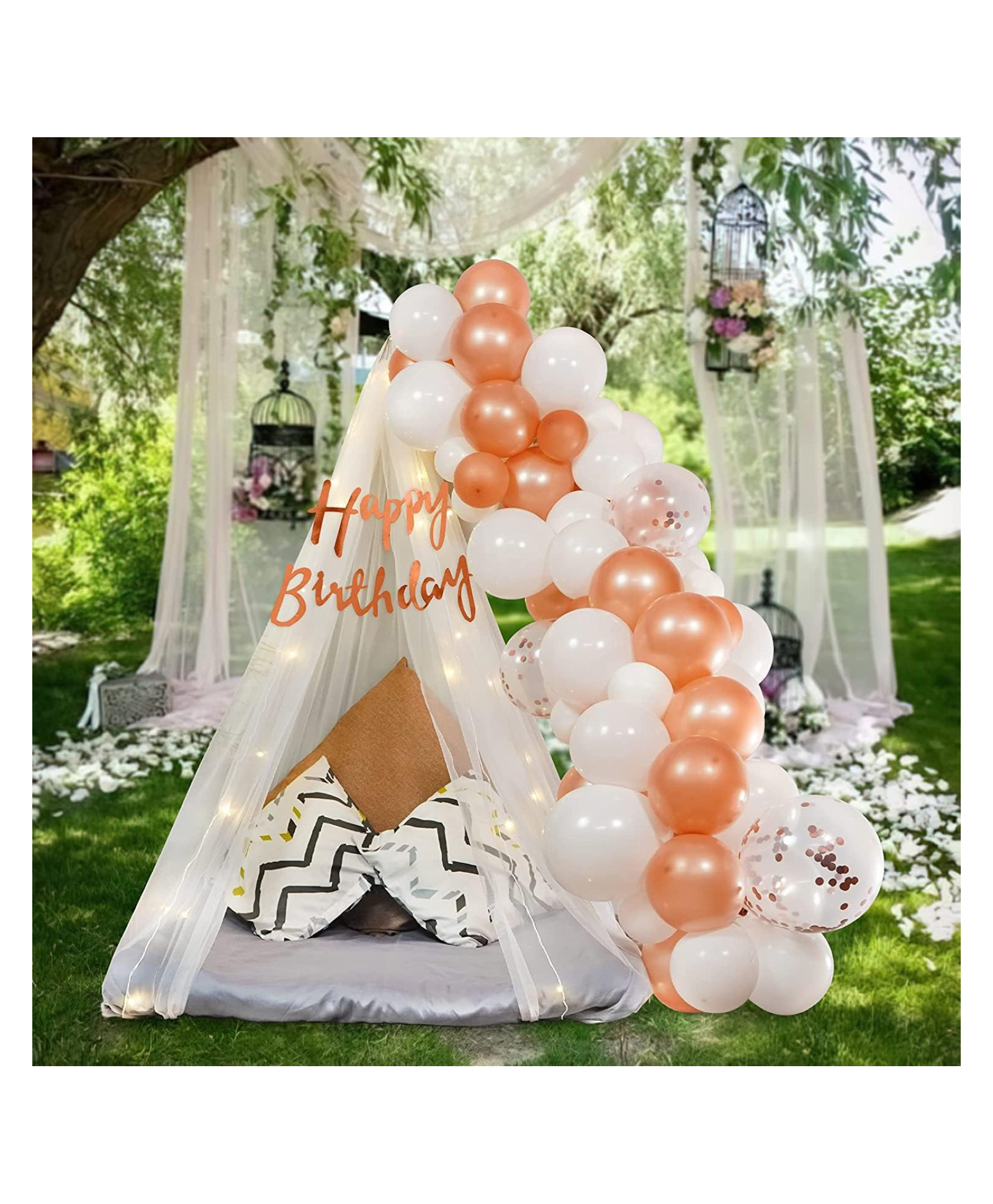 Bubble Trouble Rose Gold Birthday Decorations with White Net Curtain Cloth Backdrop & Fairy Lights - Pack of 41-picture-39
