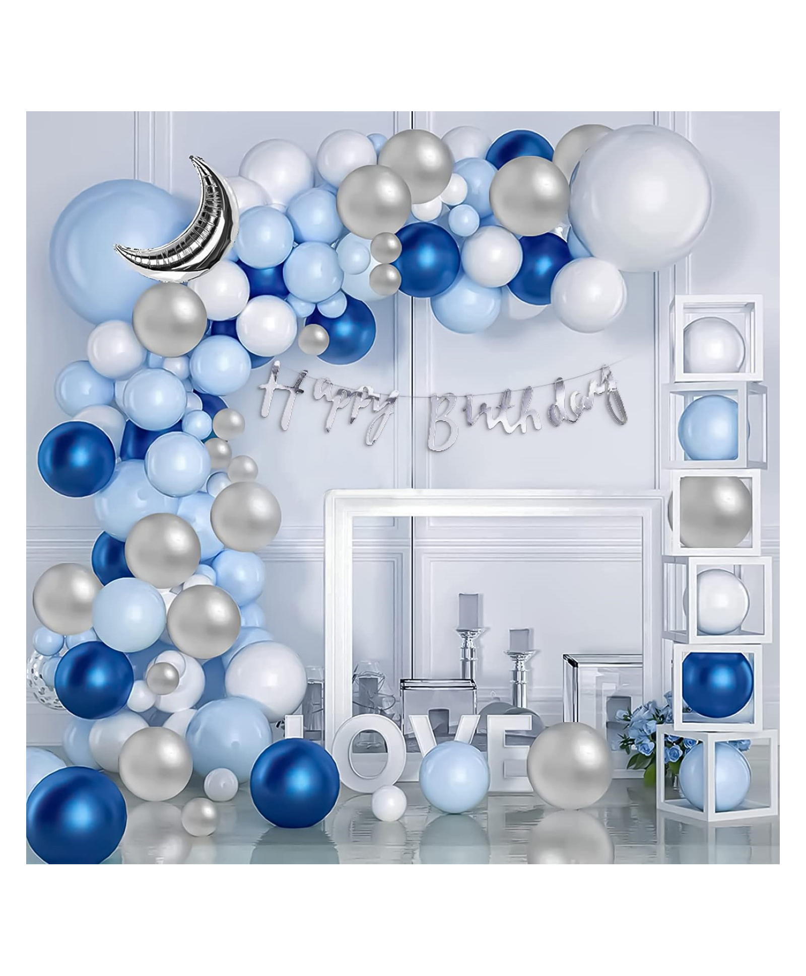 Bubble Trouble  Blue theme birthday decoration items kit for boys with silver moon foil balloon & blue white & silver balloons set with cursive HBD Banner- 64 Items-picture-13