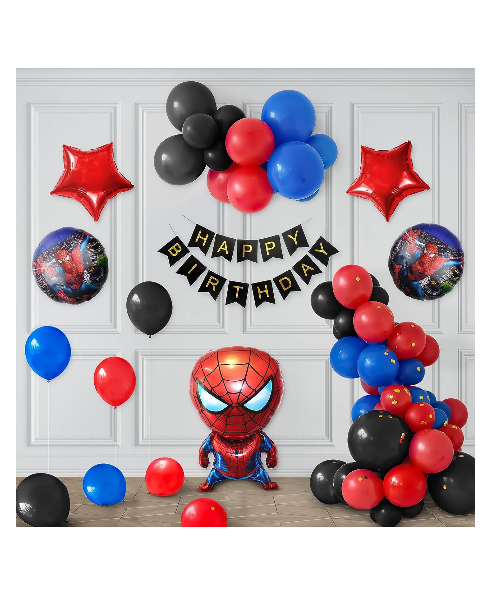 Bubble Trouble Spiderman Theme Birthday Decoration Items Kit For Boys Includes Black Red And Blue Balloons With Spider Man Foil Balloon Set And Black Happy Birthday Banner- Set Of 53 Items-image-34