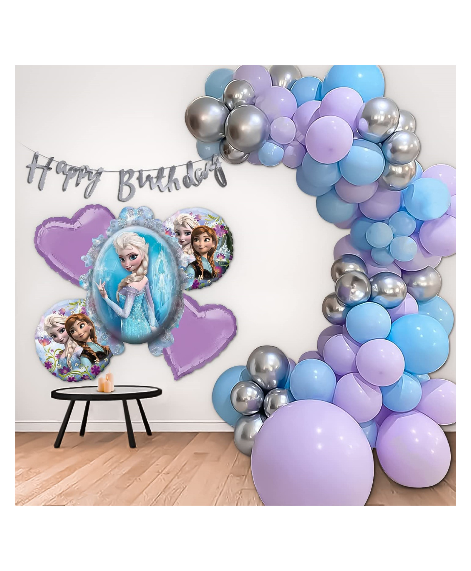 Bubble Trouble  Frozen Theme Birthday Decoration Items for girls DIY Combo Kit item with Purple Blue & Silver Balloons Frozen theme Foil balloon & HBD banner Princess Elsa theme Pack of - 69 Items-image-6