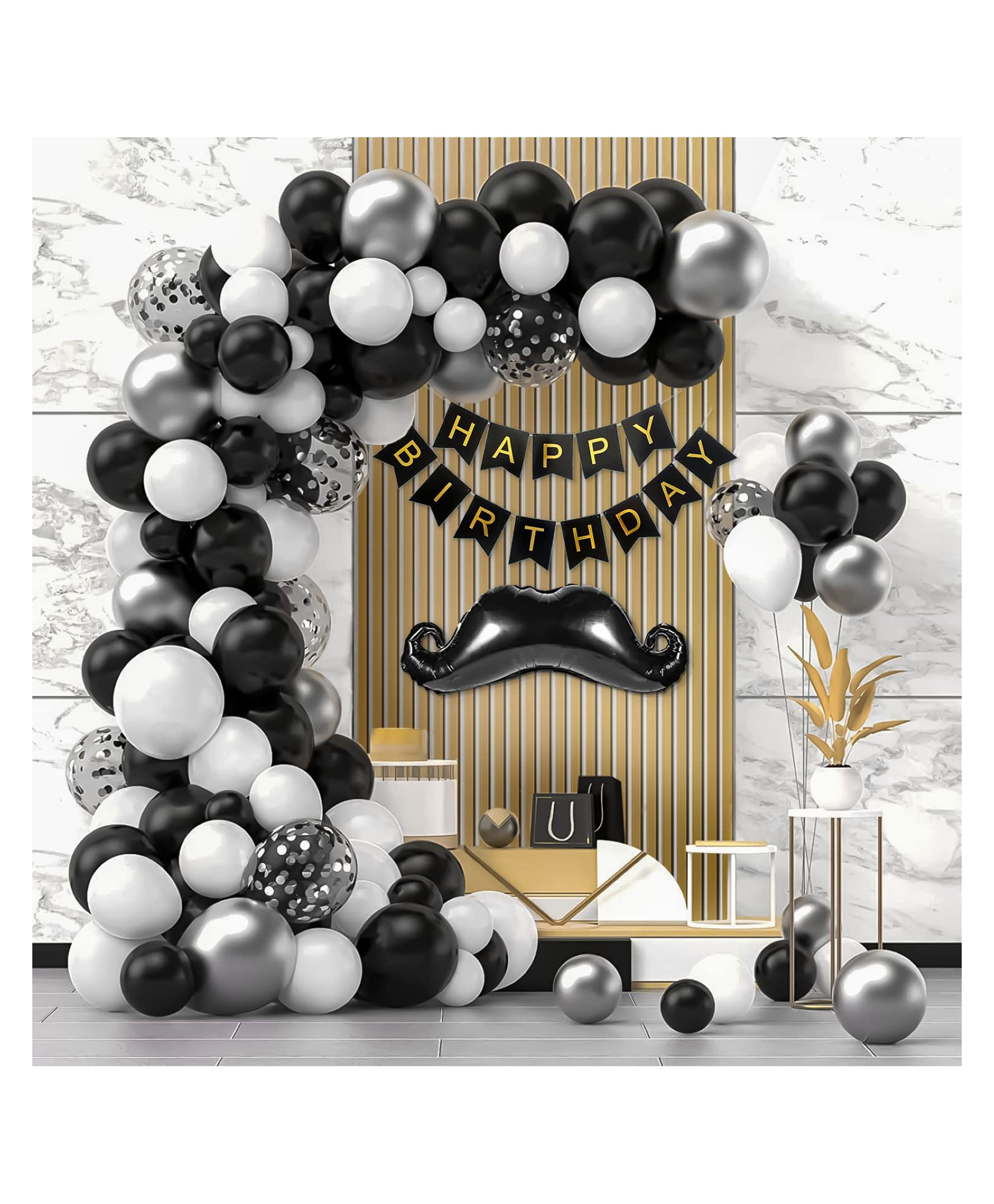 Bubble Trouble Birthday Decoration Items  Combo With Black  White & Silver Metallic Balloons Black Happy Birthday Banner & Moustache Black Foil Balloons Pack Of 56 Items-image-43