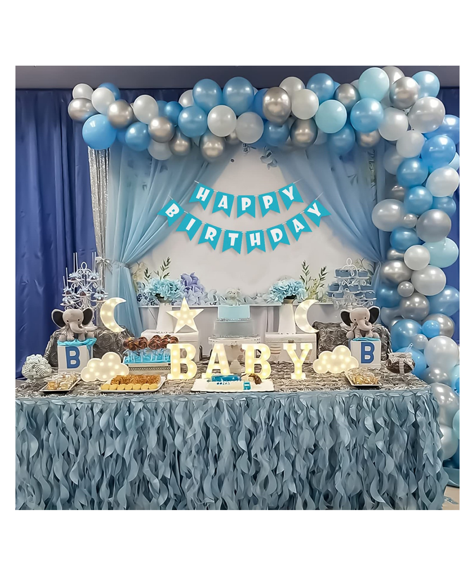 Bubble Trouble  Blue Theme Birthday Decoration Items for Kids Party Decor with Blue & White Balloons For Decoration Metallic Silver & Dark Blue decorations with HBD Banner for Bday Parties- Set of 68 items-picture-38