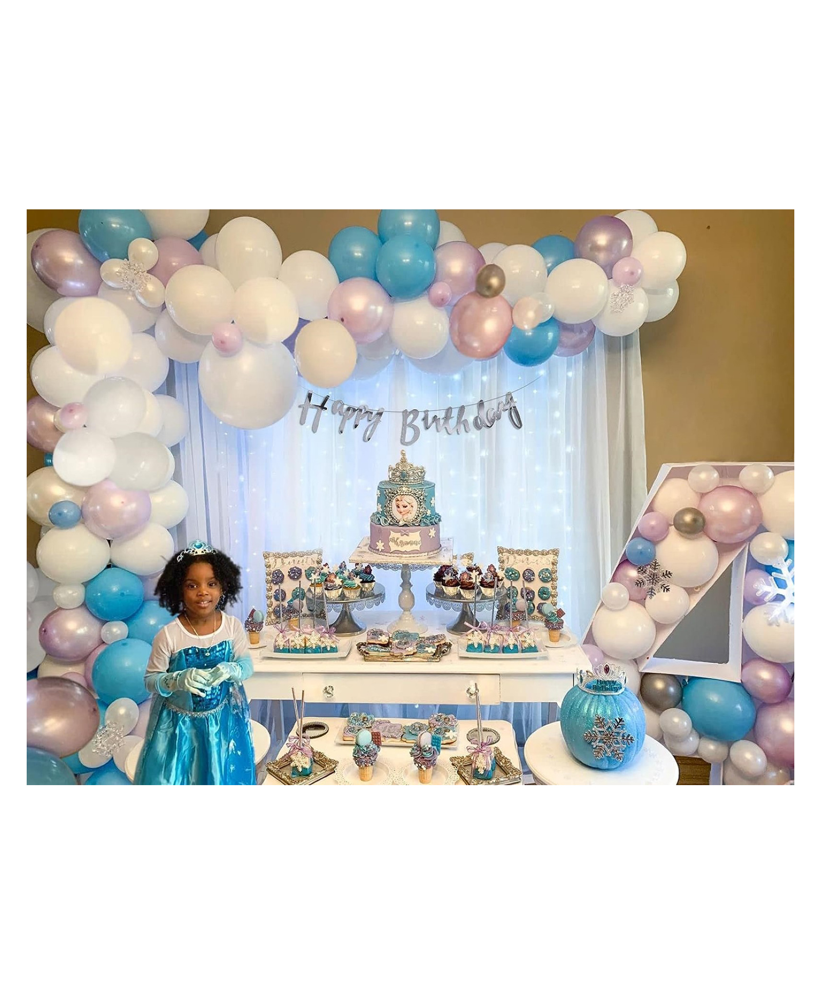Bubble Trouble Frozen Theme Birthday Decoration with White Net Curtain Cloth Backdrop Fairy Lights Balloons Themed Party Supplies Decoration Pack of  71 - Multicolour-image-2