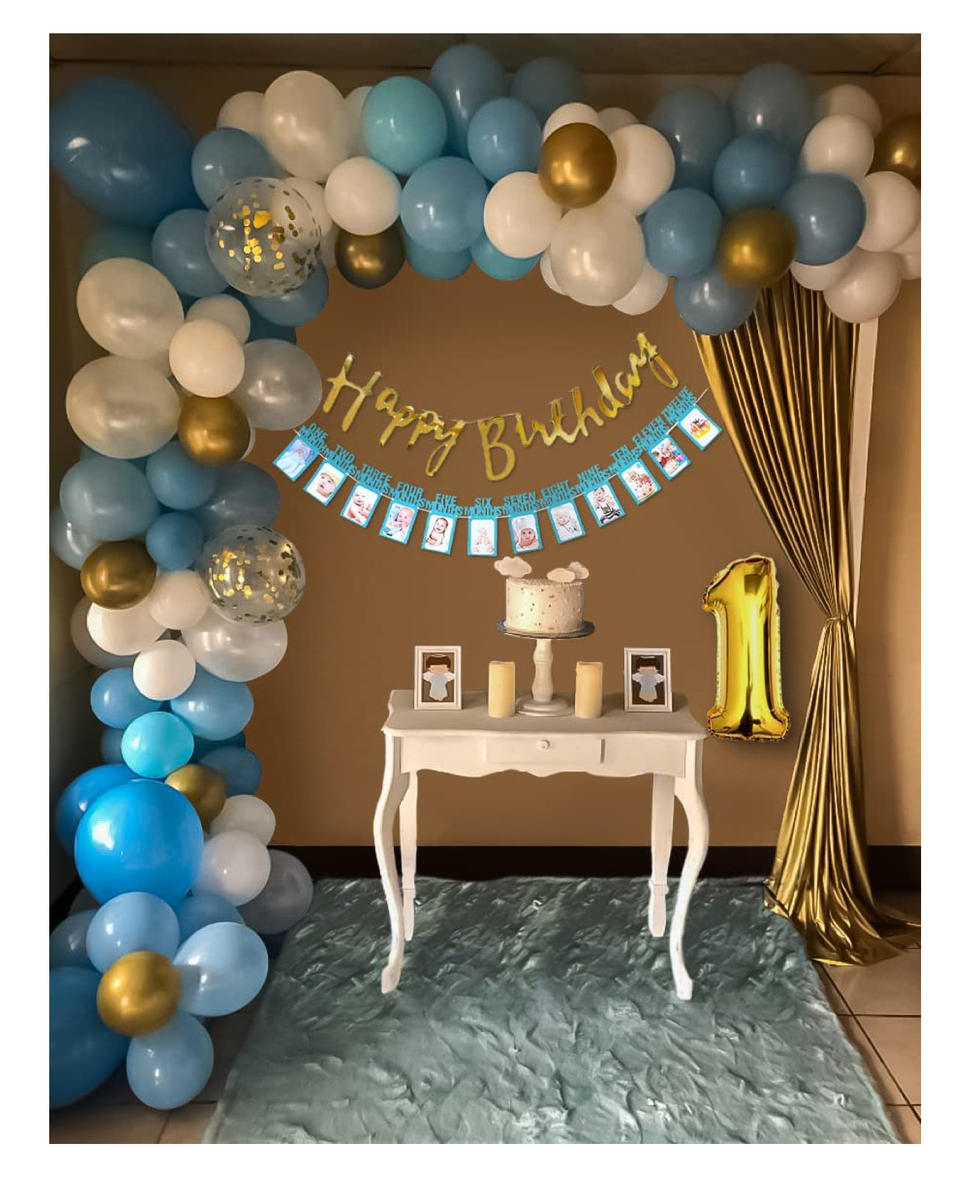 Bubble Trouble 1st Happy Birthday Decoration Items with No.1 Gold Foil Light Confetti Balloons & Monthly Banner Birthday Decorations Party Props Combo Pack Of 89 - Multicolour-image-1