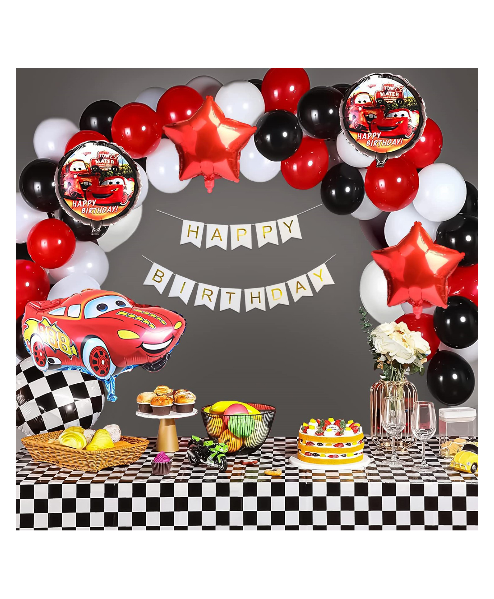 Bubble Trouble  Car Theme Birthday Decorations  White Black & Red Balloons Lightning Mcqueen Red Cars Foil Balloon & Happy Birthday Banner Car Theme Decoration For Birthday Pack Of 68 Items-image-3