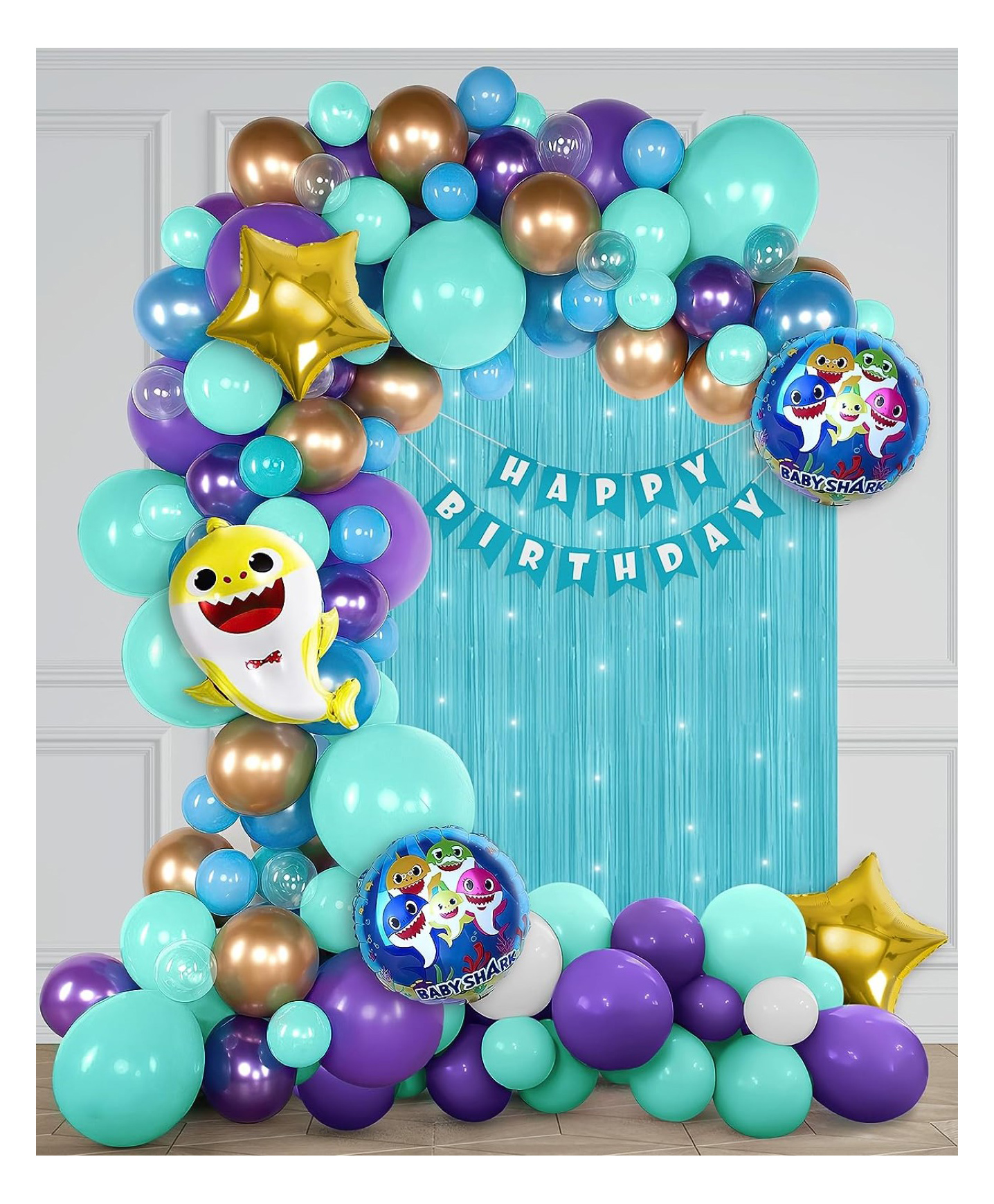 Bubble Trouble Baby Shark Theme Birthday Decorations DIY Kit with Balloon Set & 7ft Fringe Curtain & LED Light Pack of 67 Items - Multicolour-image-40