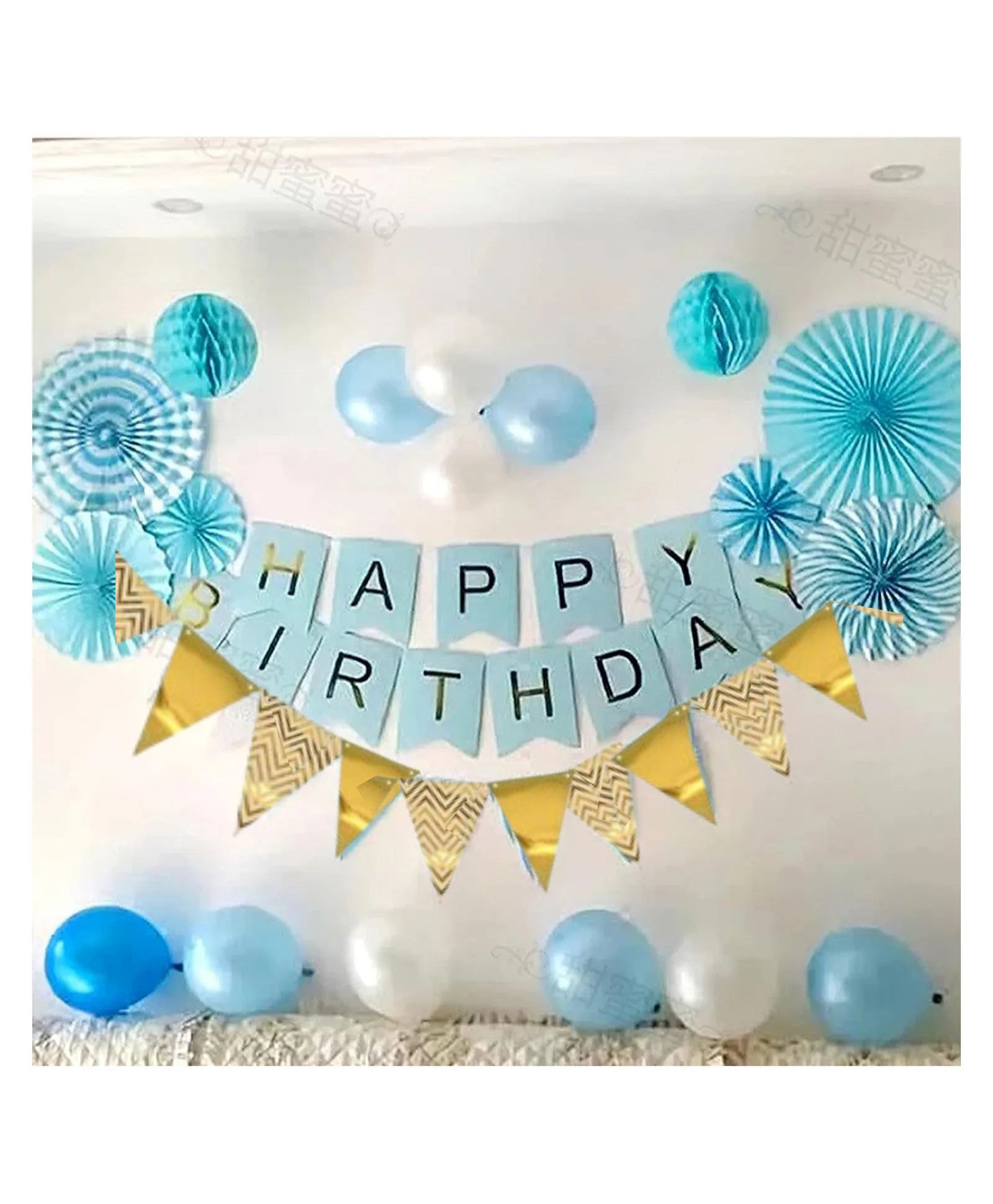Bubble Trouble Blue Theme Happy Birthday Decoration Items DIY Combo Kit with Pastel Blue & White Balloons Paper Fans & Flags for Party Background Wall Stage Decor Pack of 48 Items - Multicolour-picture-21