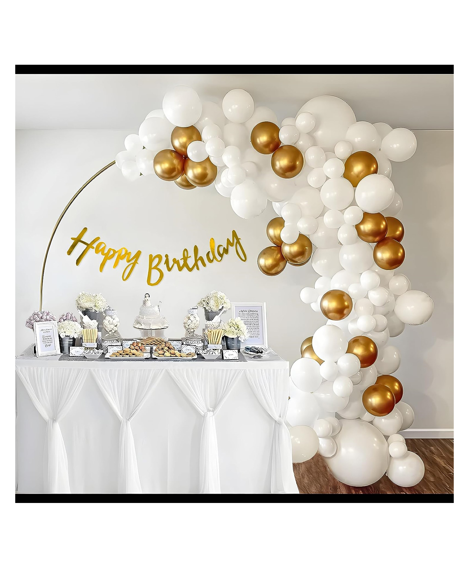 Bubble Trouble  White & Gold Birthday Decoration Kit for with White & Metallic Gold Balloons 12 Inch & Happy Birthday Banner with Arch Tape for Balloon Garland - Set of 38 Items-image-6