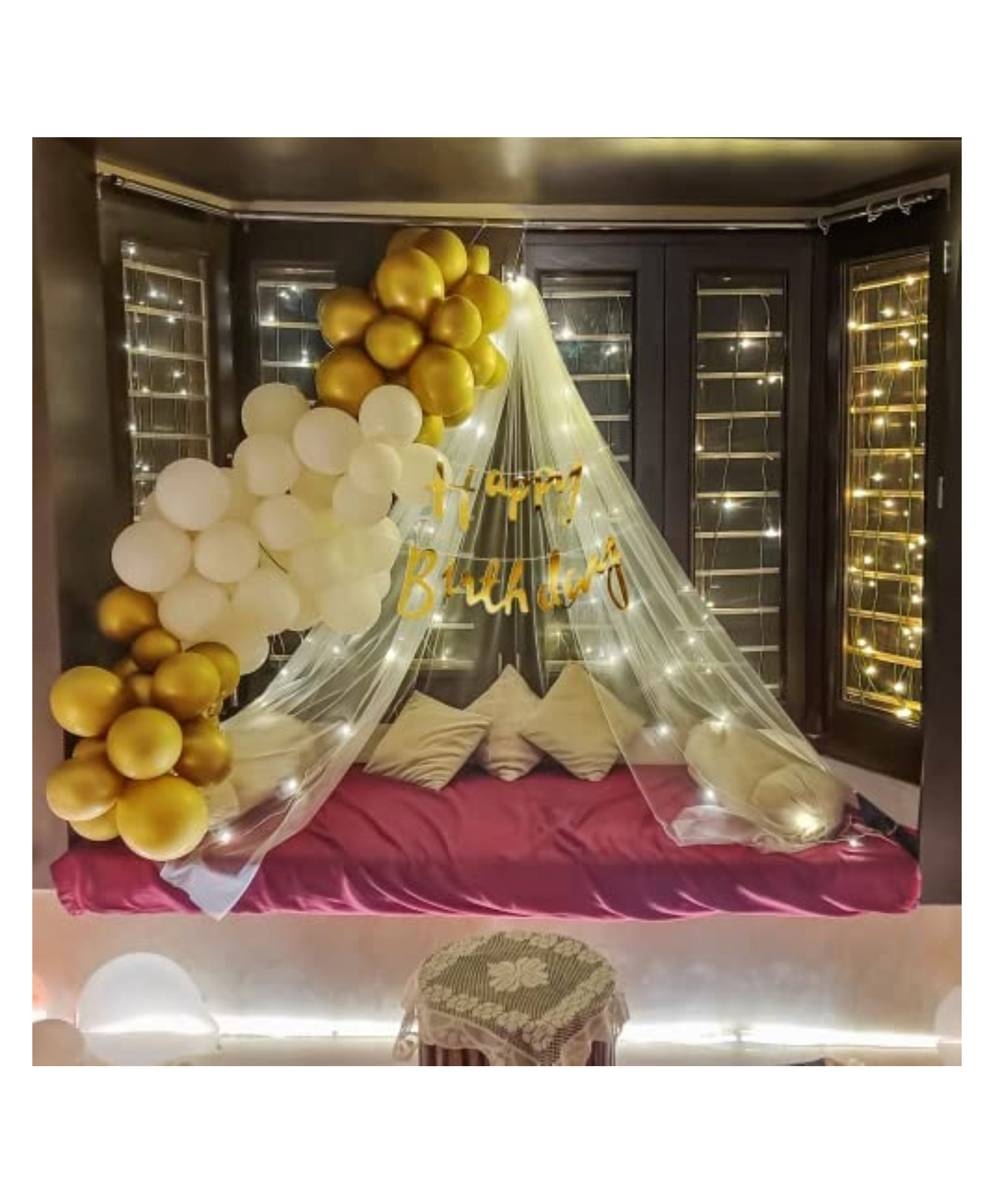 Bubble Trouble Canopy Tent Happy Birthday Decorations for Boys Combo with White & Gold Balloons & White Net Curtain Canopy for Decoration Including Golden Cursive B'day Banner, LED Light, Hooks for Walls - 59 Items-image-1