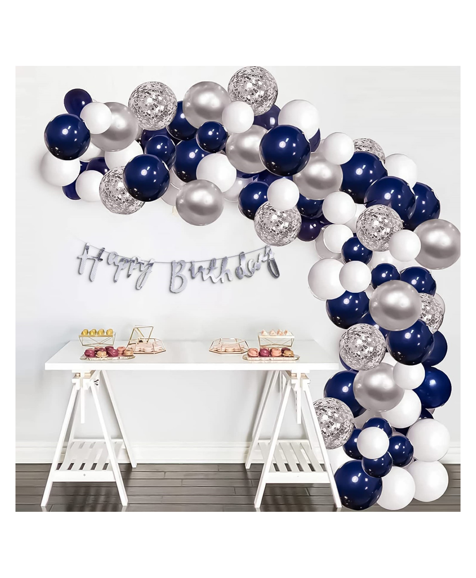Bubble Trouble Silver Blue Metallic Balloons for Decoration Garland Kit Navy Blue & Silver Confetti White Balloons Arch Tape Strip Party Wedding Birthday DIY Decoration - 57 Pieces-picture-24
