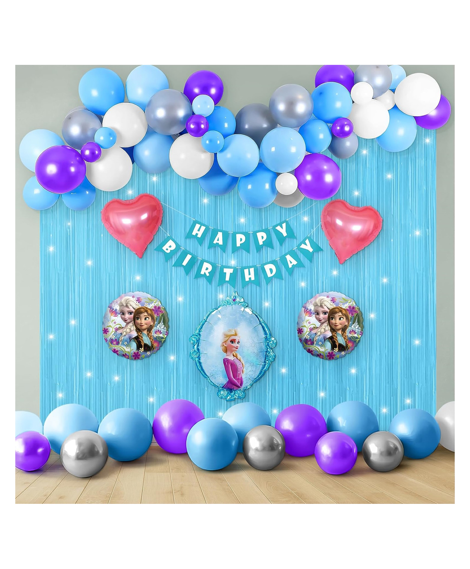 Bubble Trouble Frozen Theme Happy Birthday Decoration Kit with Blue Fringe Curtains Fairy Lights Blue White Silver Purple Balloons & Frozen Foil Balloon Set of 67-picture-28