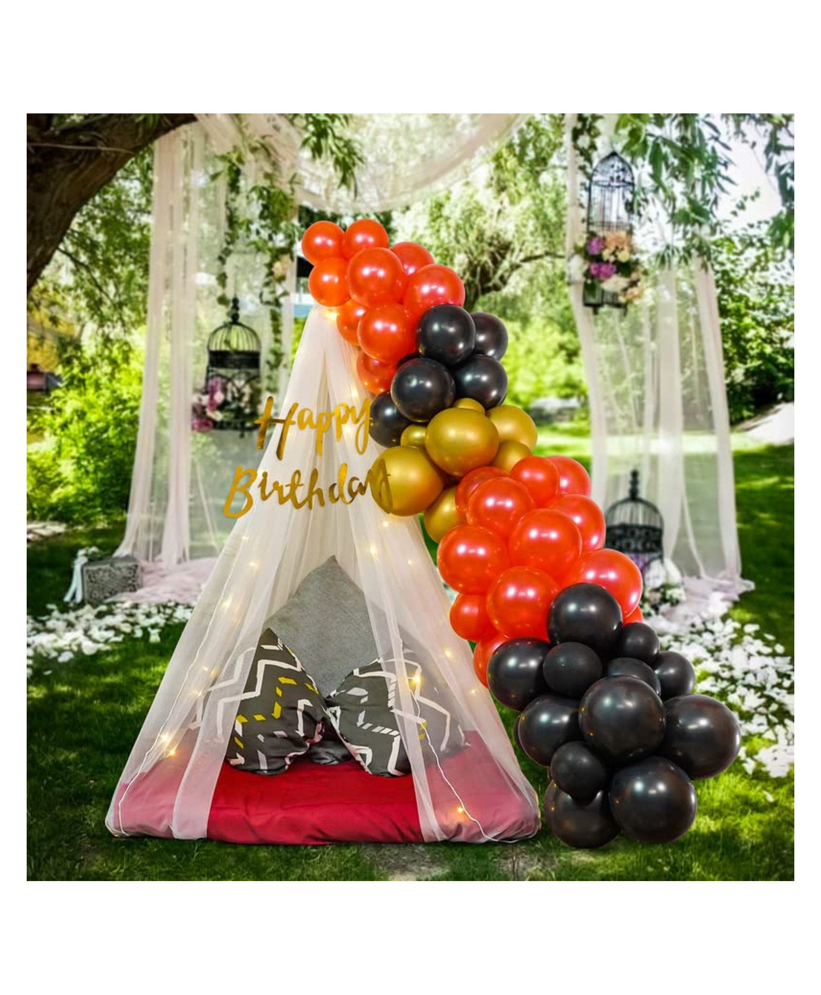 Bubble Trouble Canopy for Birthday Decoration DIY Combo Kit with White Net Curtain Cloth & Fairy Lights Red & Black Balloons LED -Pack of 49 Items-image-48