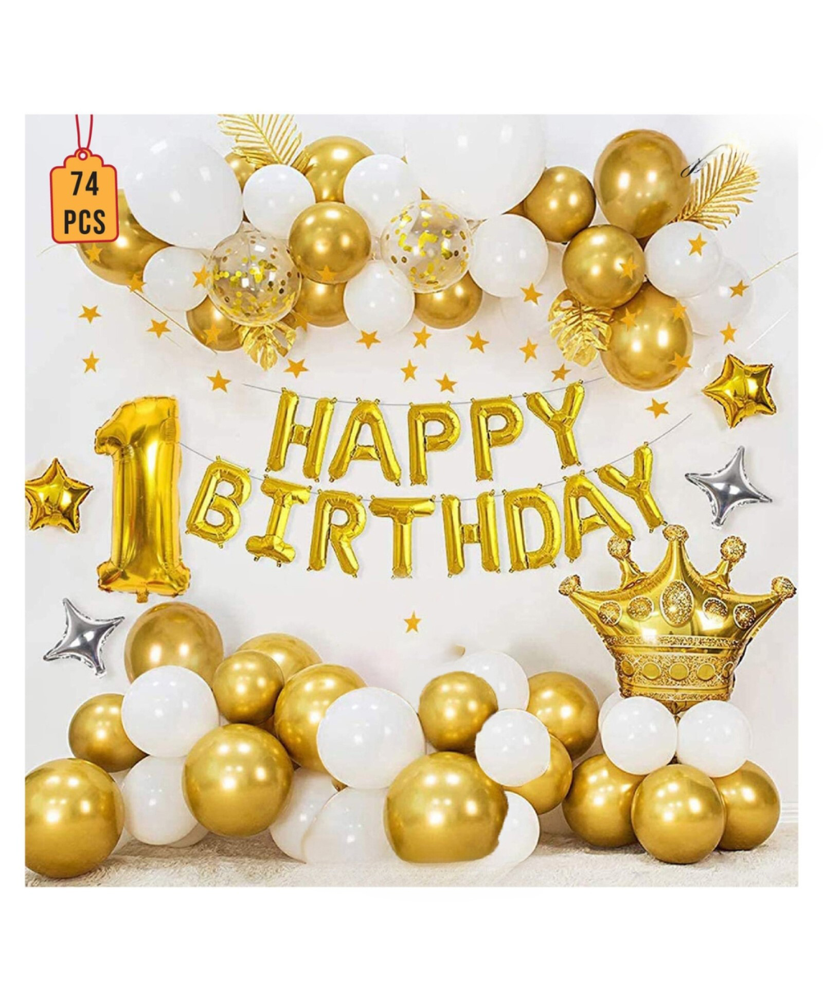 Bubble Trouble Gold Theme First Birthday Banner with Crown and Star Party Decoration Kit - 74 Pieces-image-49