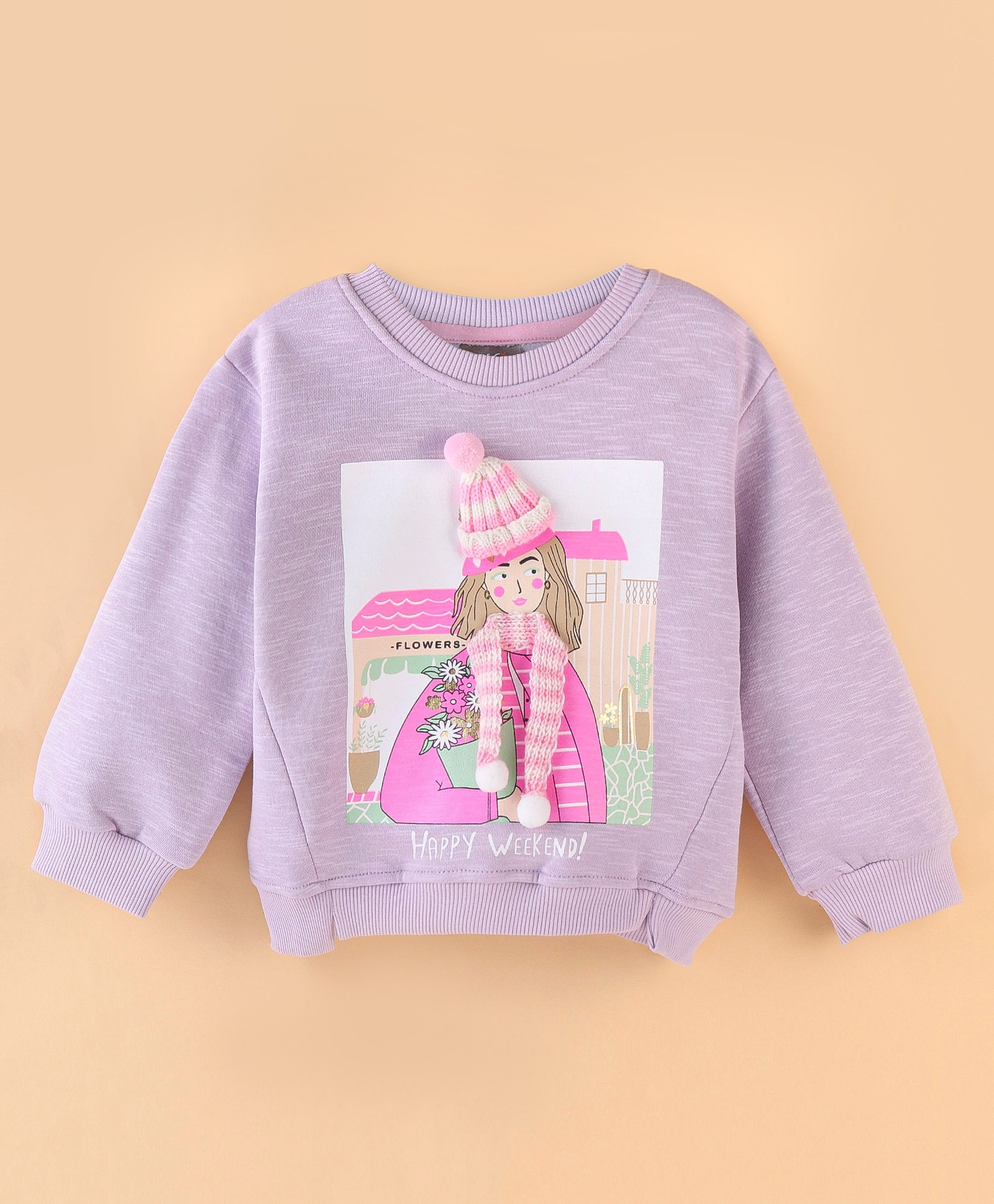 Little Kangaroos Fleece Full Sleeves Drop Shoulder Sweatshirt with Girl Print - Lilac-image-36