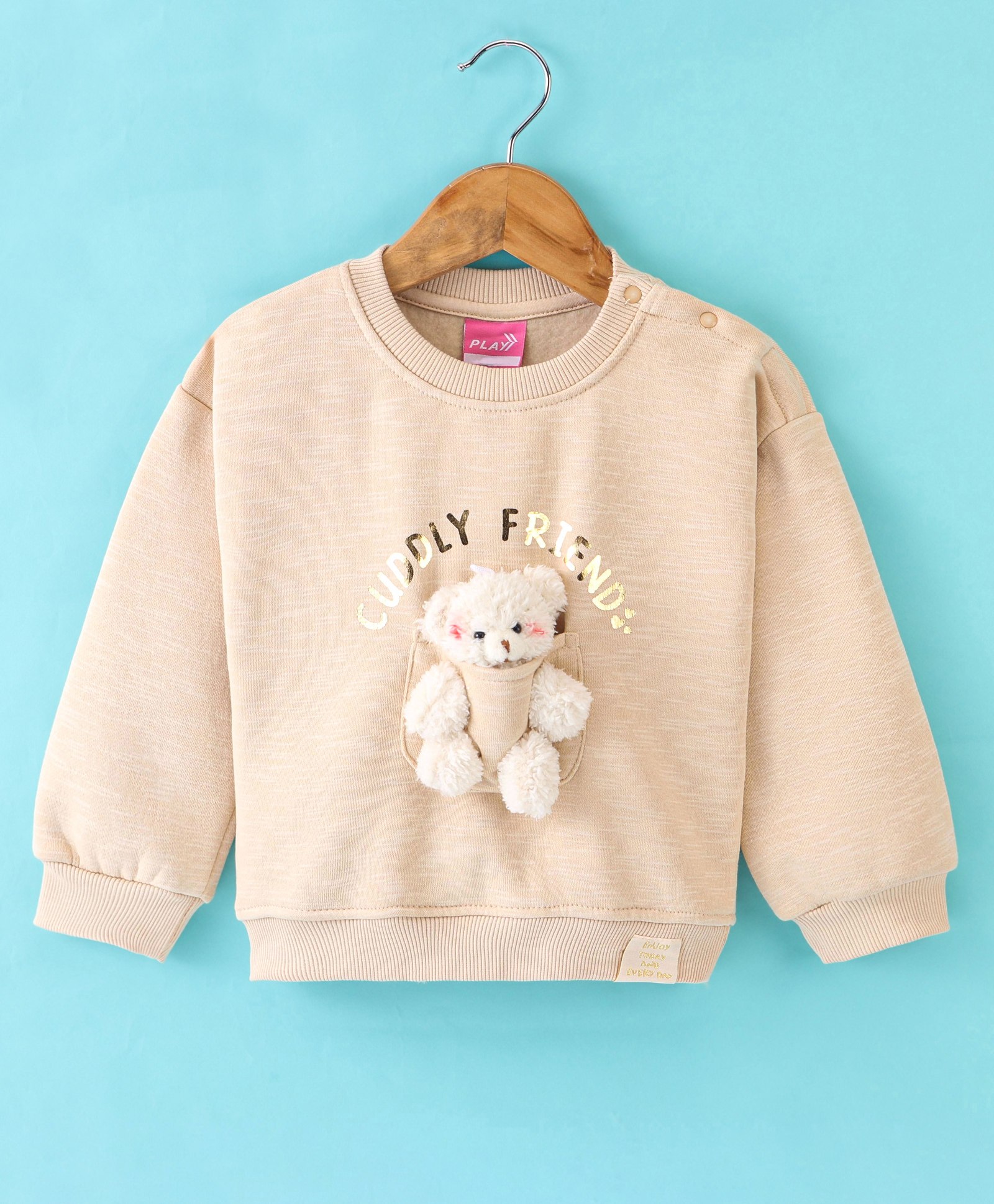 Little Kangaroos Fleece Full Sleeves Drop Shoulder Sweatshirt with Teddy Applique - Light Fawn-image-28