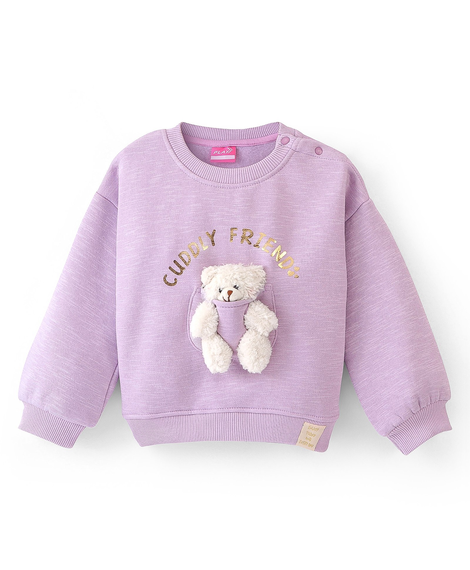 Little Kangaroos Fleece Full Sleeves Drop Shoulder Sweatshirt with Teddy Applique - Lilac-image-39