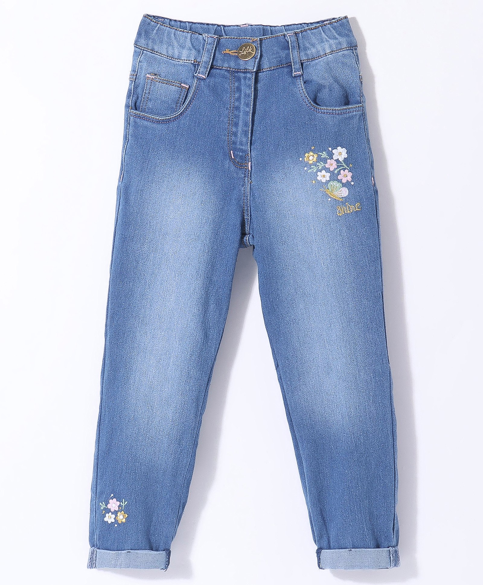 Little Kangaroos 100% Cotton Full Length  Denim Jeans With Floral Embroidery - Light Blue-picture-13