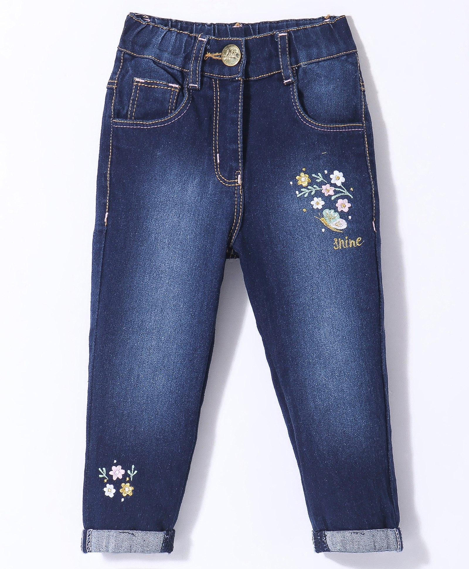 Little Kangaroos 100% Cotton Full Length  Denim Jeans With Floral Embroidery - Dark Blue-picture-28