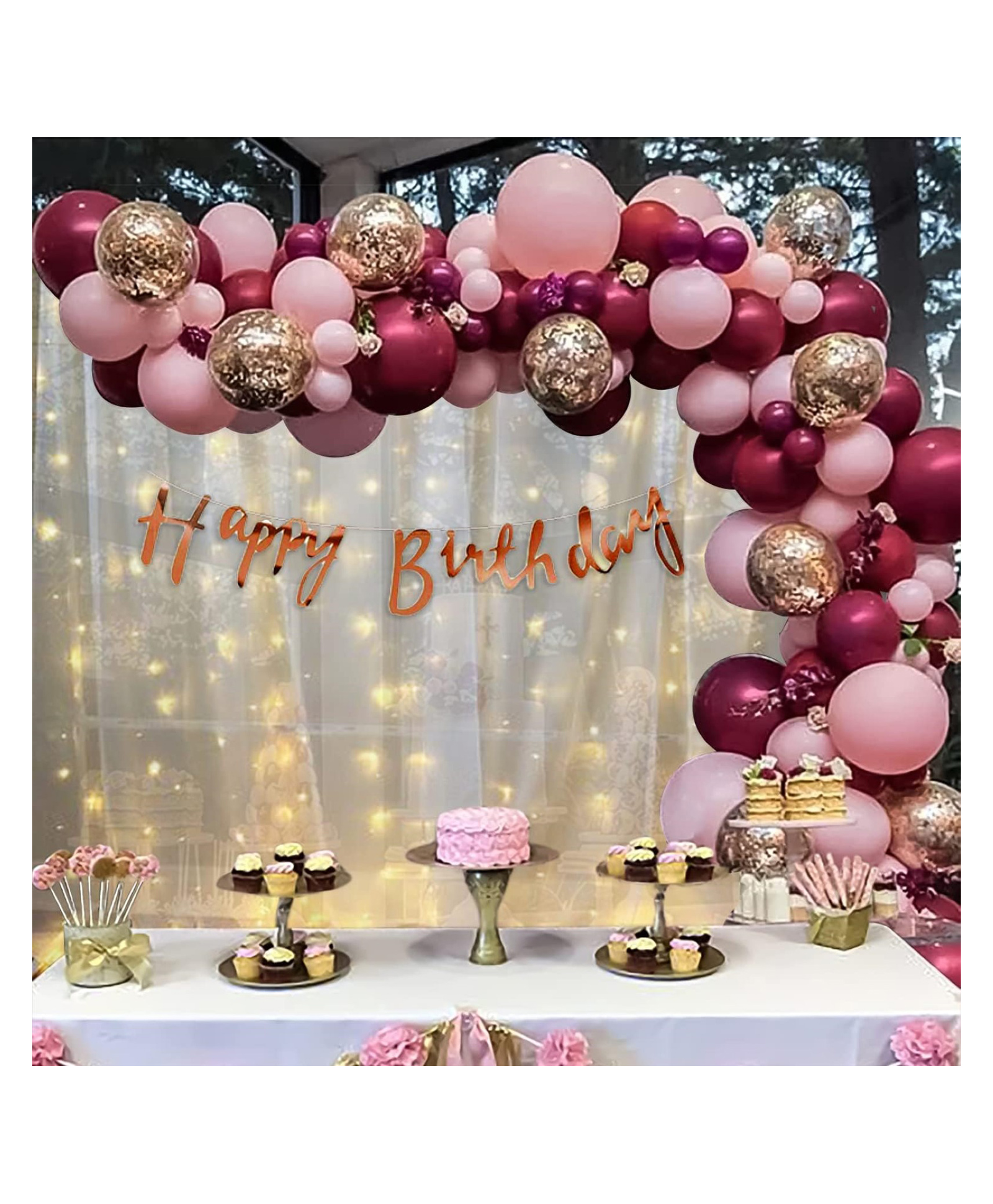 Bubble Trouble Happy Birthday Decorations  Pink Balloons DIY Combo Kit with White Net Curtain Cloth & Fairy LED Lights - Pack of 69