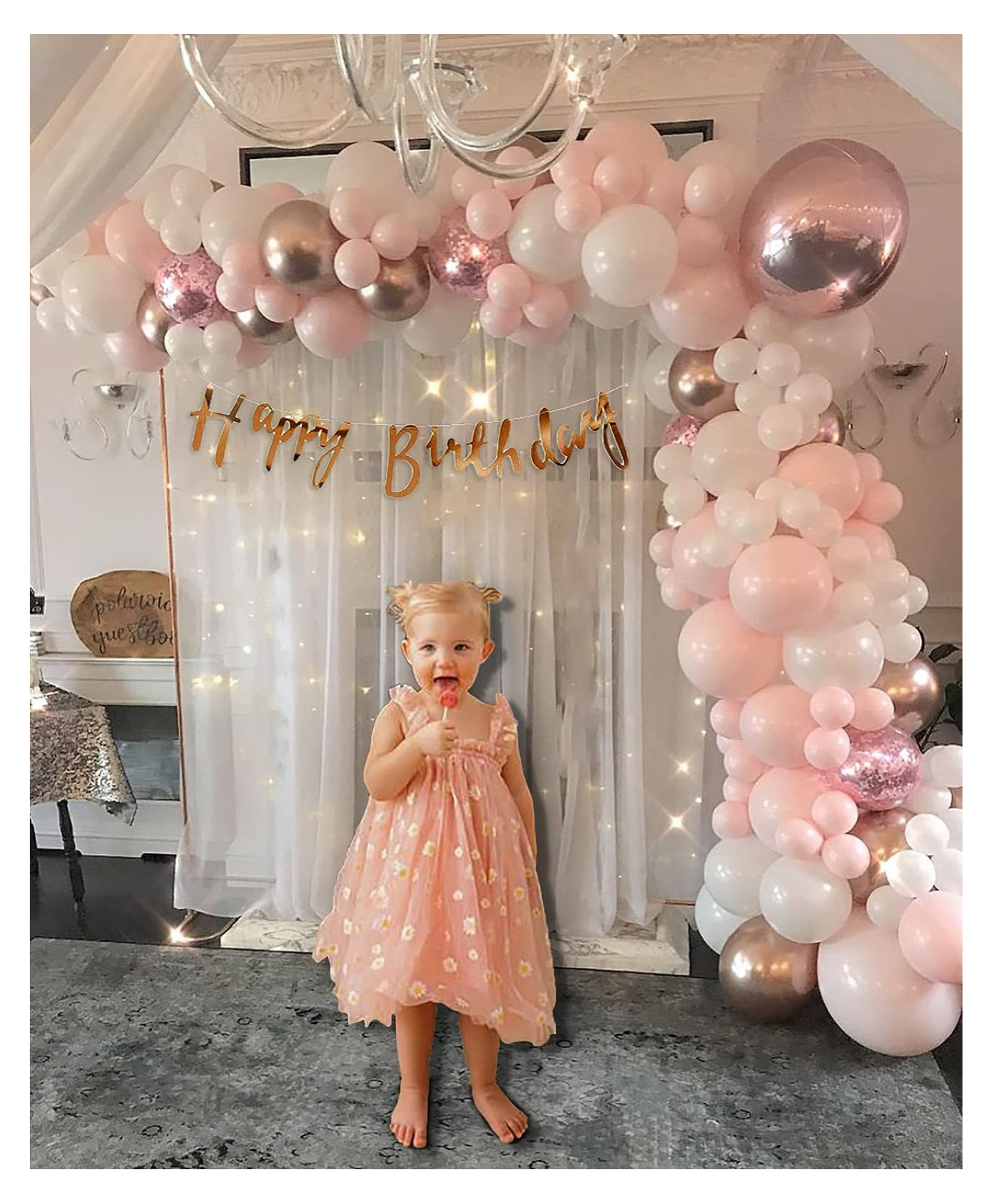 Bubble Trouble Pink Theme Birthday Decoration Items Kit Net Sheer Curtain & LED Fairy Lights 64 Pieces - Pink-image-31