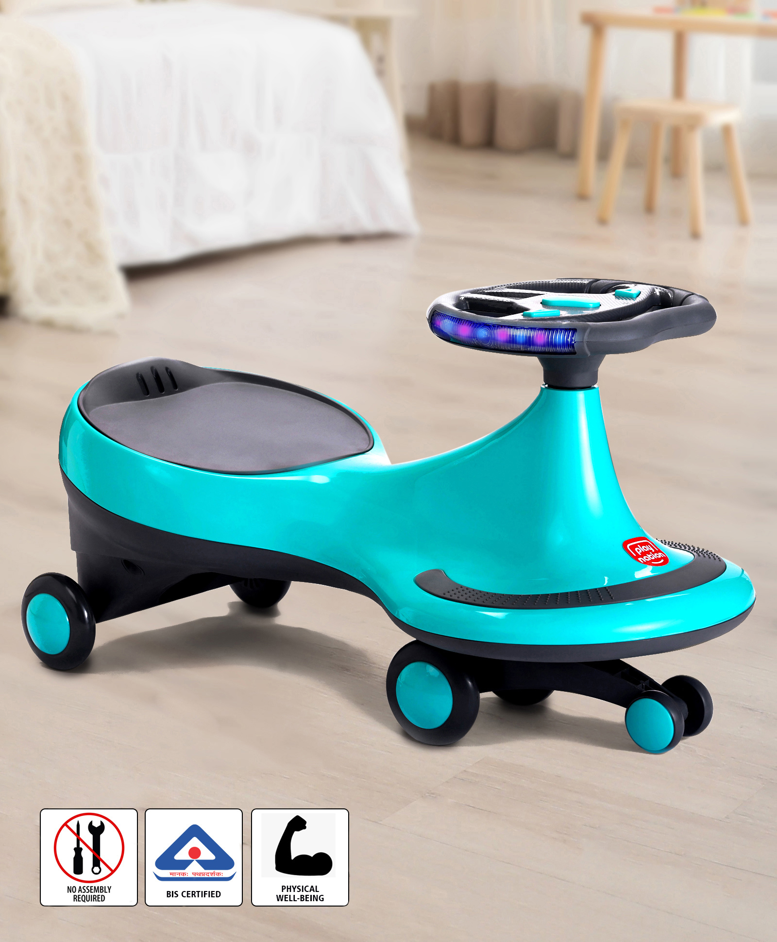 Play Nation Kids Swing Car With Light & Music Fully Assembled - Teal Blue