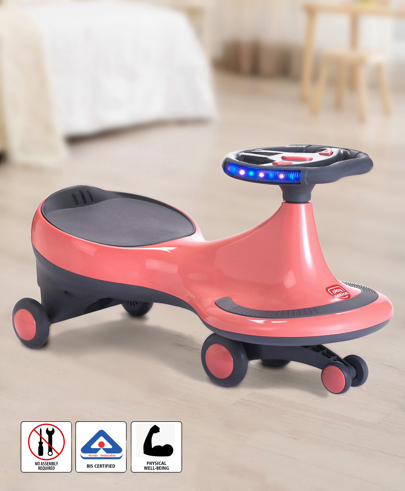 Play Nation Kids Swing Car With Light & Music Fully Assembled  - Peach