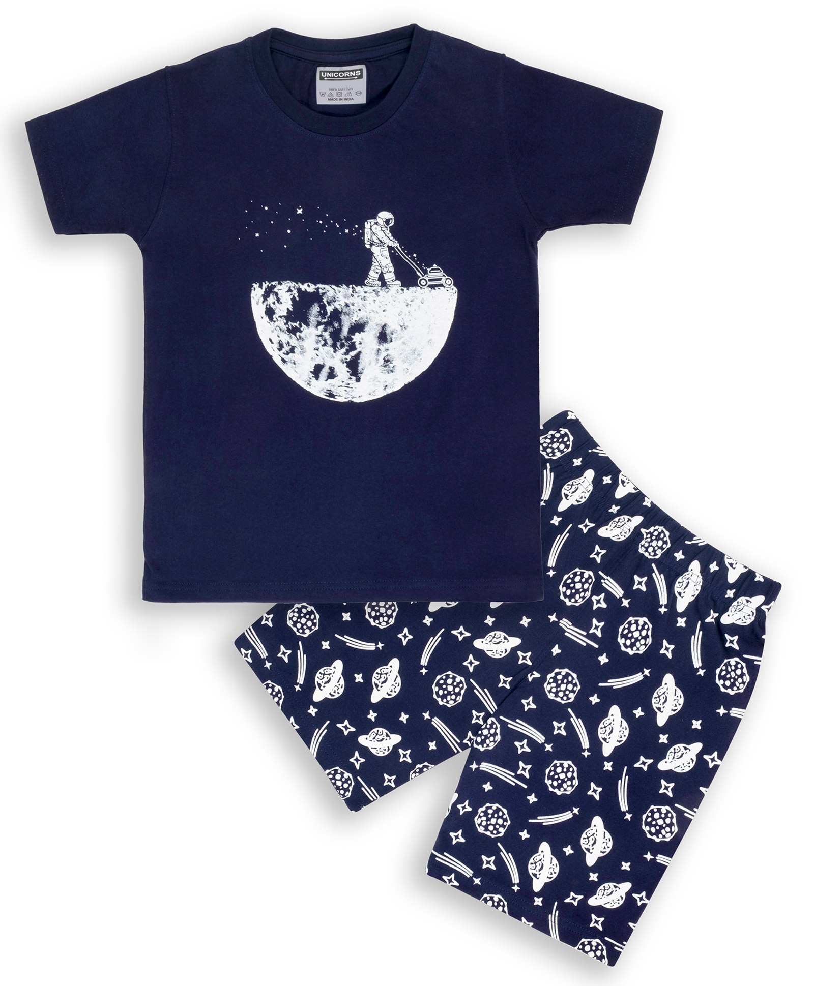 Unicorns Half Sleeves Space Theme  Printed Night Suit - Navy Blue  & White-image-31