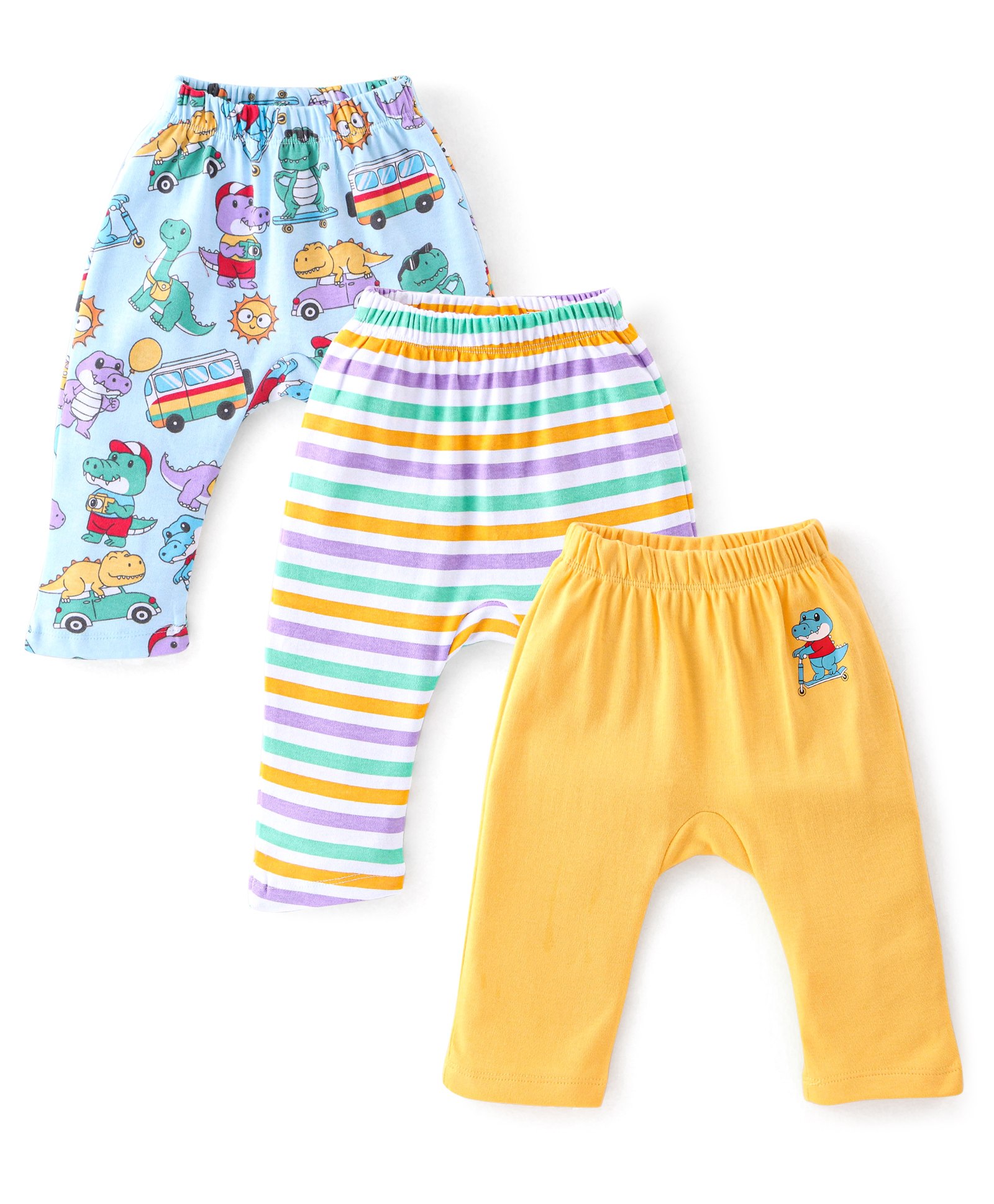 Babyhug Cotton Knit Full Length Diaper Pants Stripes & Dino Print Pack of 3 - Multicolour-image-12