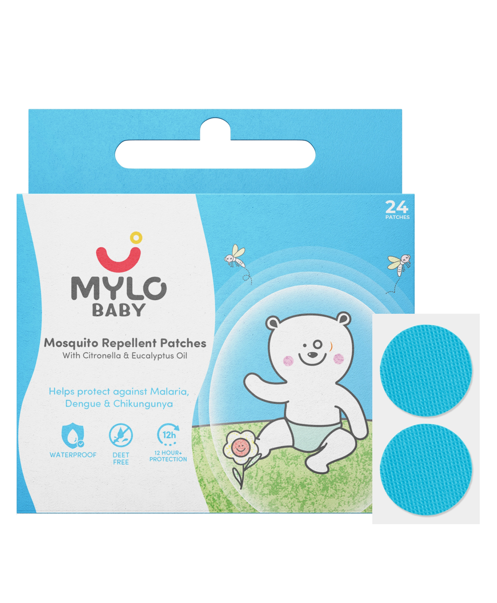 Mylo Care 100% Natural Mosquito Repellent Patches Waterproof & Deet Free Mosquito Repellents for Baby with 12 Hour Protection with Citronella Lavender Lemongrass & Eucalyptus Oil - 24 Patches-image-2