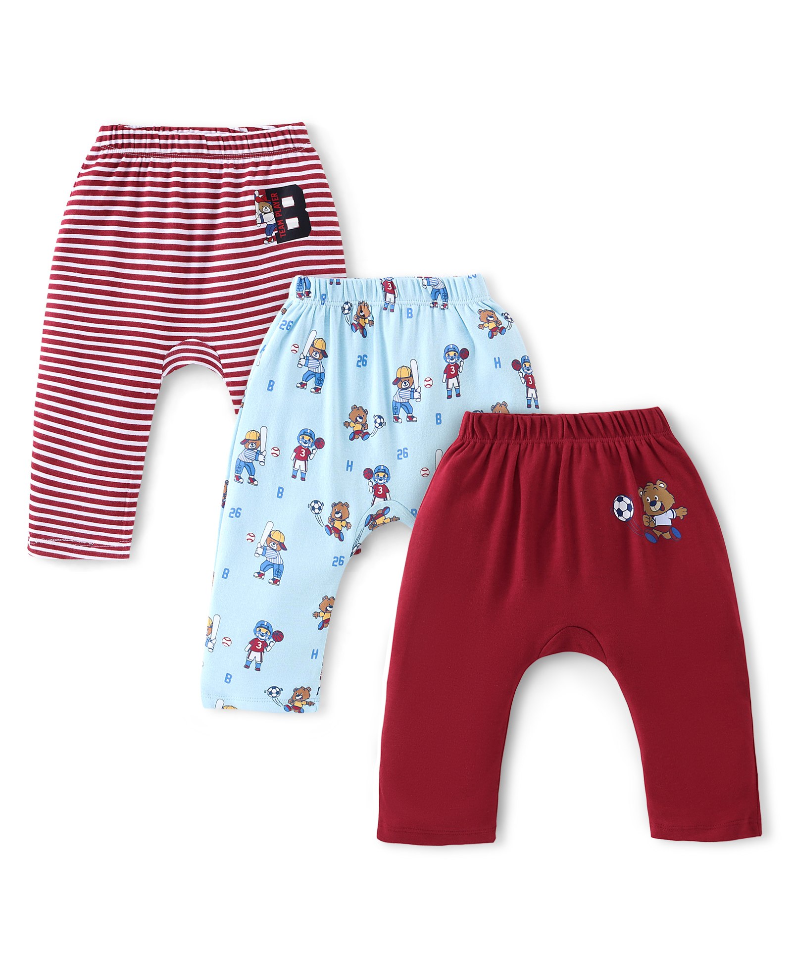Babyhug Cotton Knit Full Length Diaper Pants Striped & Teddy Print Pack Of 3 - Maroon & Blue-image-40