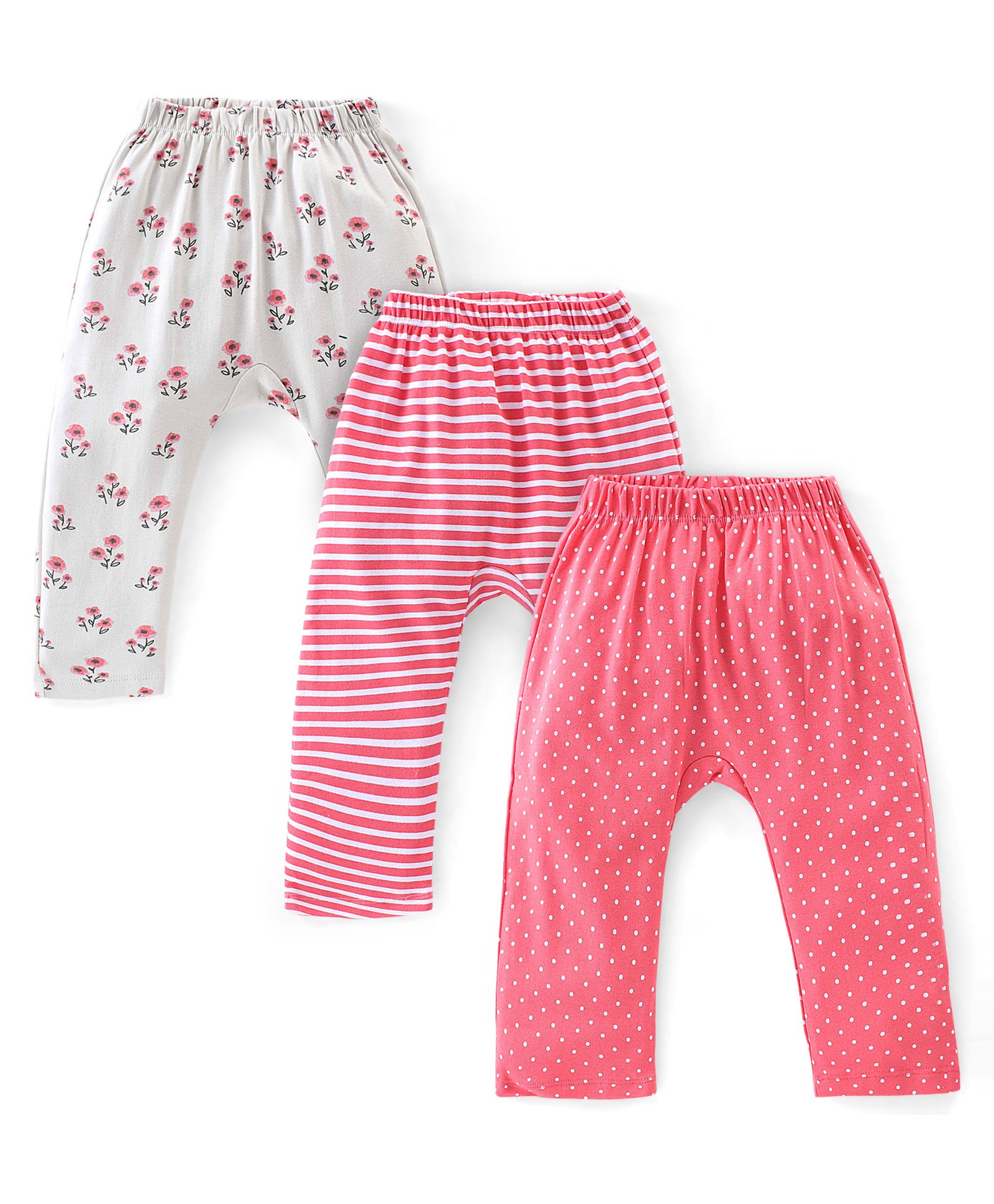 Babyhug Cotton Interlock Knit Full Length Diaper Pants Stripes & Floral Print Pack of 3 - Pink & Grey-picture-34
