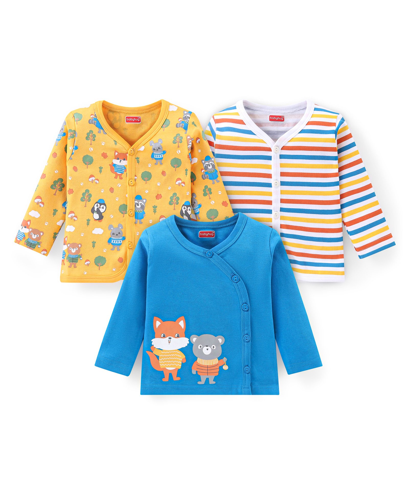 Babyhug Cotton Knit Front Open Full Sleeves Vests Stripes & Fox Print Pack of 3 - Blue Red & Yellow-image-38
