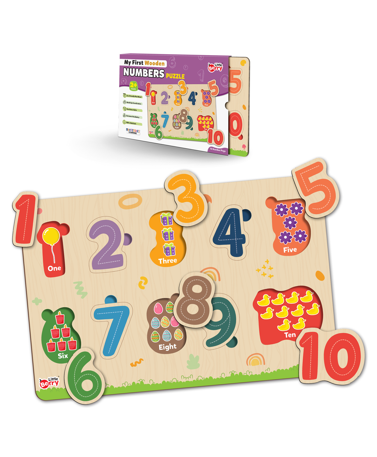 Little Berry Numbers Counting 1-10 Wooden Puzzle Tray Knob and Peg Puzzle Multicolour - 10 Pegs-image-32