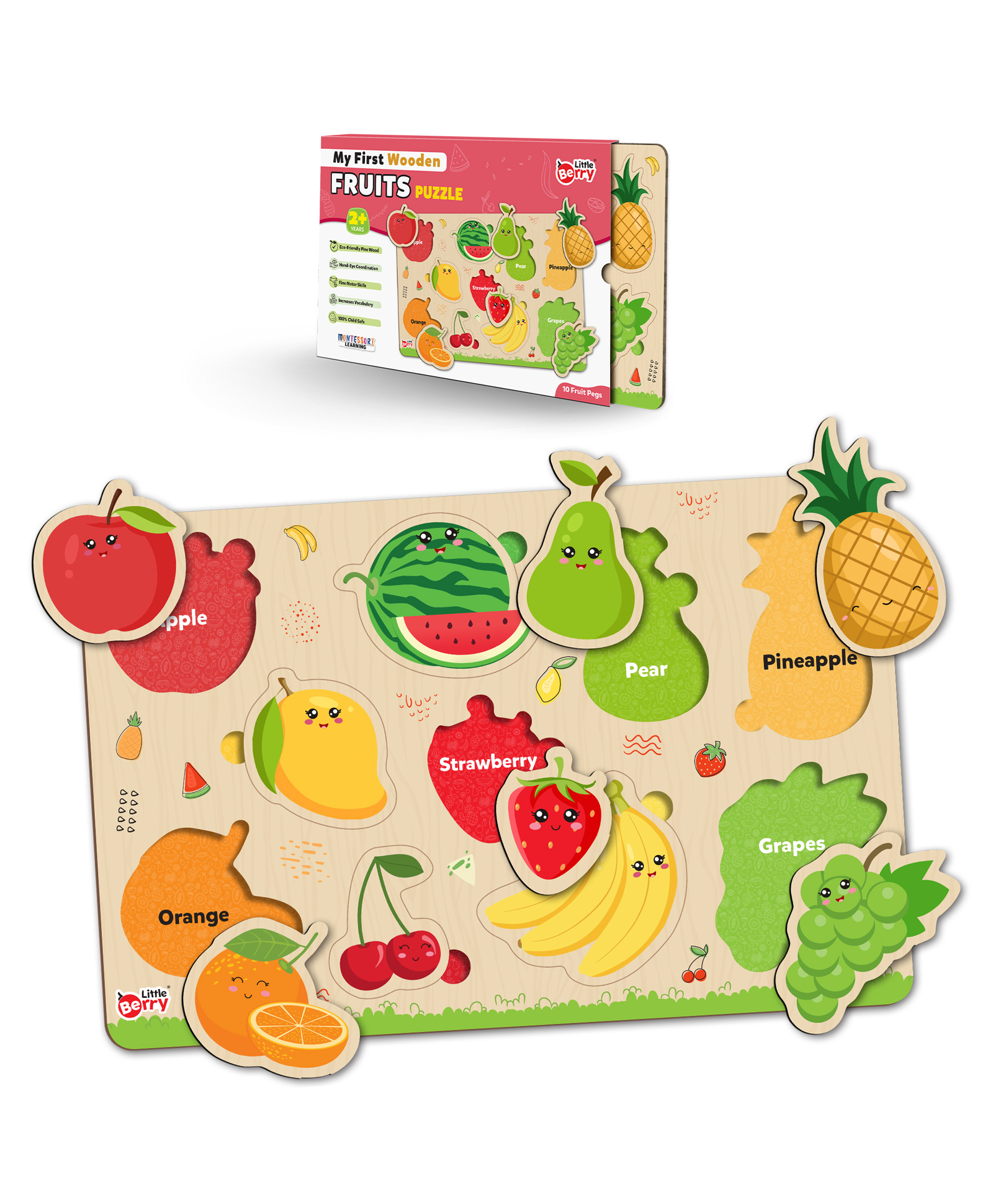 Little Berry Fruits Wooden Puzzle Tray Knob and Peg Puzzle Multicolour - 10 Pegs-image-9