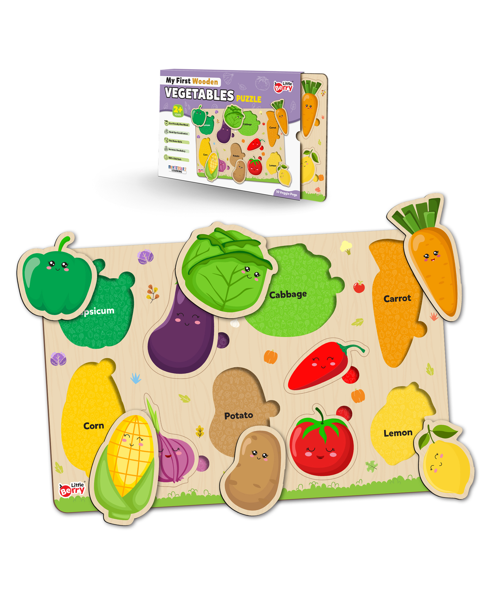 Little Berry Vegetables Wooden Puzzle Tray Knob and Peg Puzzle Multicolour - 10 Pegs-image-20