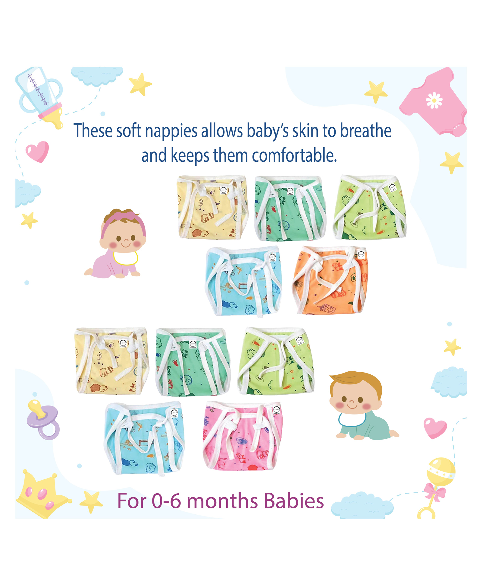 chrish Chirsh  Born Baby Cotton Cloth Nappies Washable Reusable Nappy Multicolour Pack Of 10-picture-15