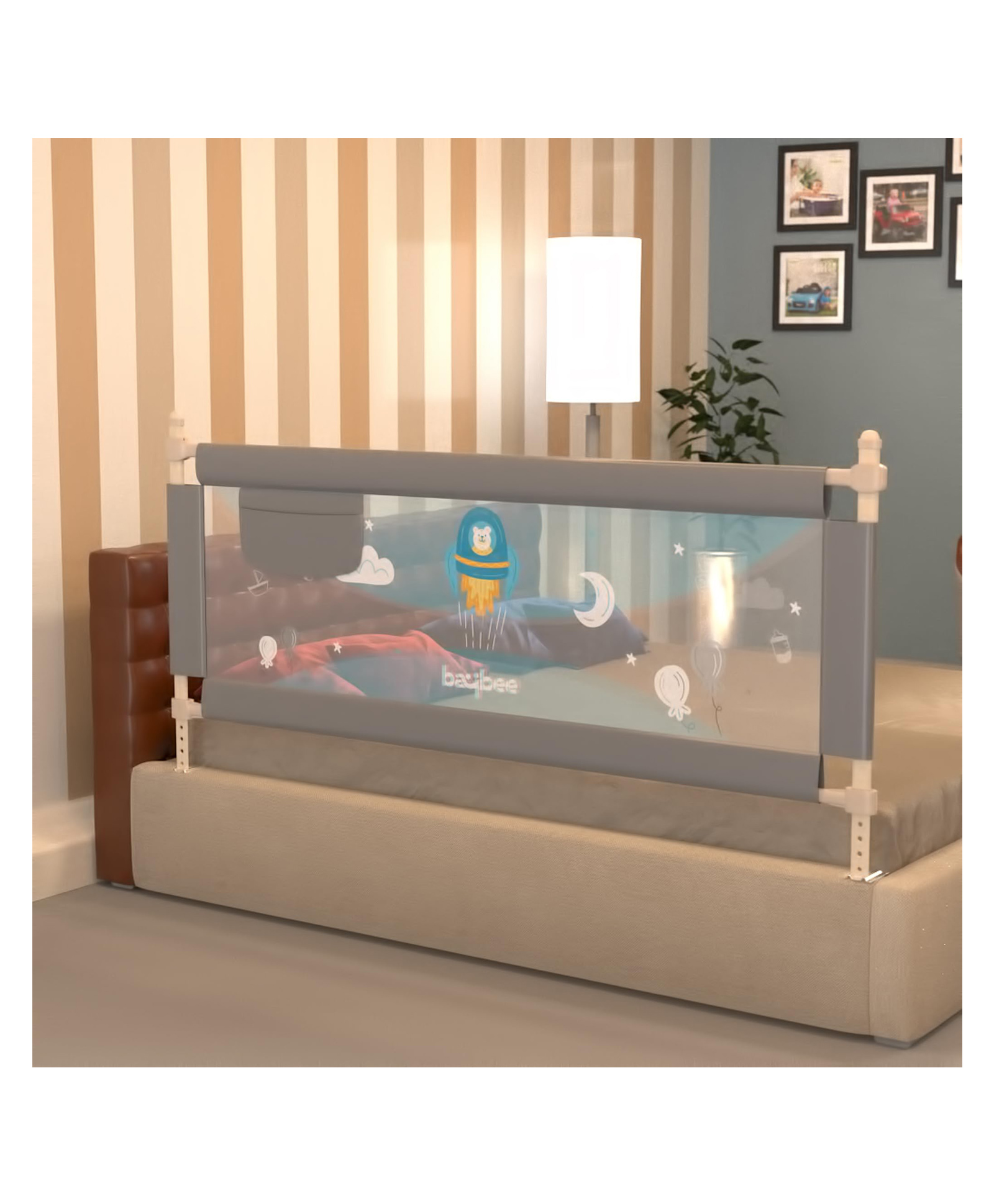 BAYBEE Baby Bed Rails Guard Barrier for Baby Kids Safety, Foldable Bed Rail Falling Protector Fence with 7 Adjustable Height (150x63 cm, Grey) - (Color & Design May Vary)