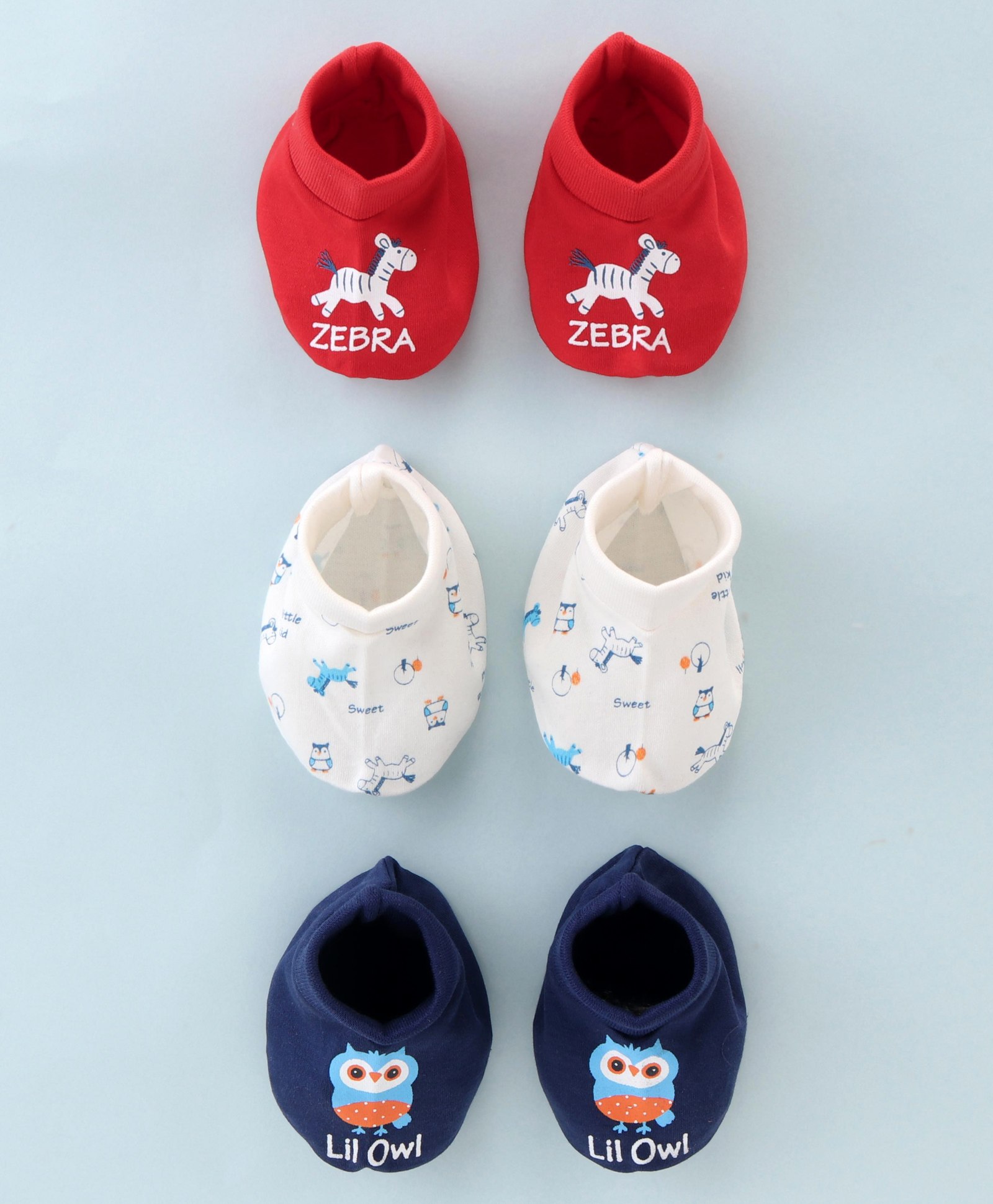Doodle Poodle 100% Cotton Zebra & Owl Printed Printed Booties Pack of 3 - Navy Red & White-picture-19