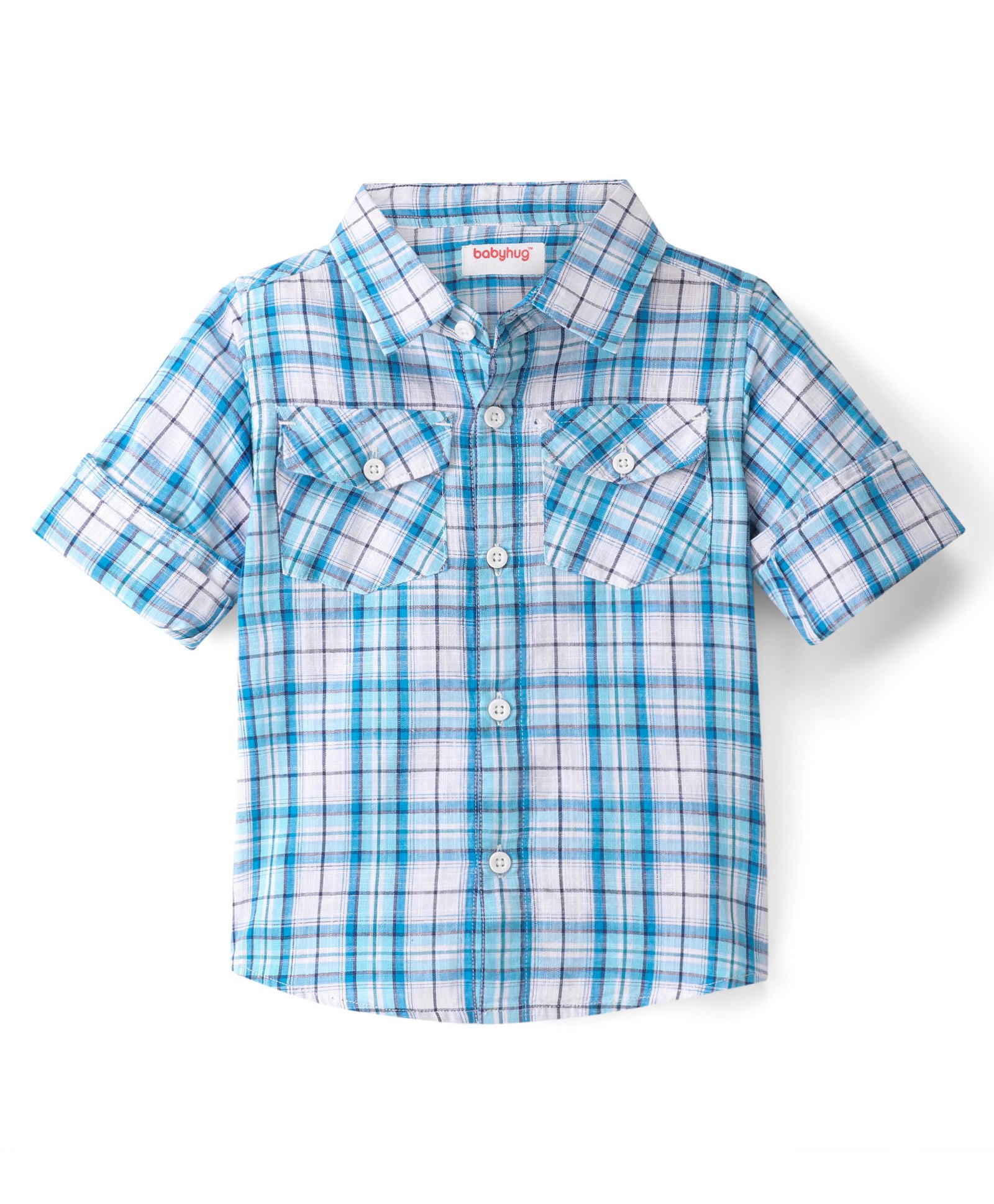 Babyhug 100% Cotton Full Sleeves Checks Two Pocket Shirt - Blue-picture-20