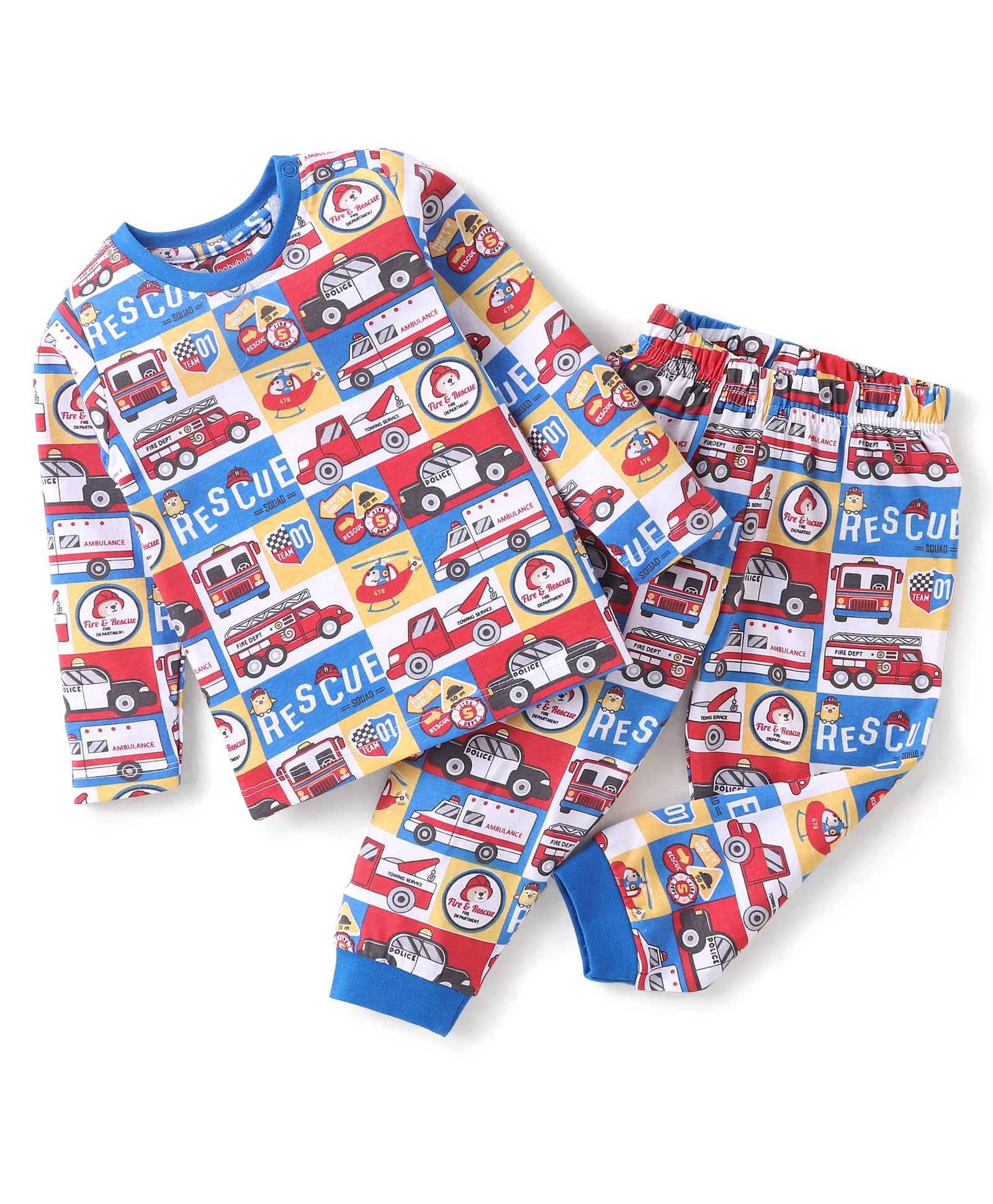 Babyhug Cotton Knit Full Sleeves Vehicles Printed Night Suit - Multicolour-image-10