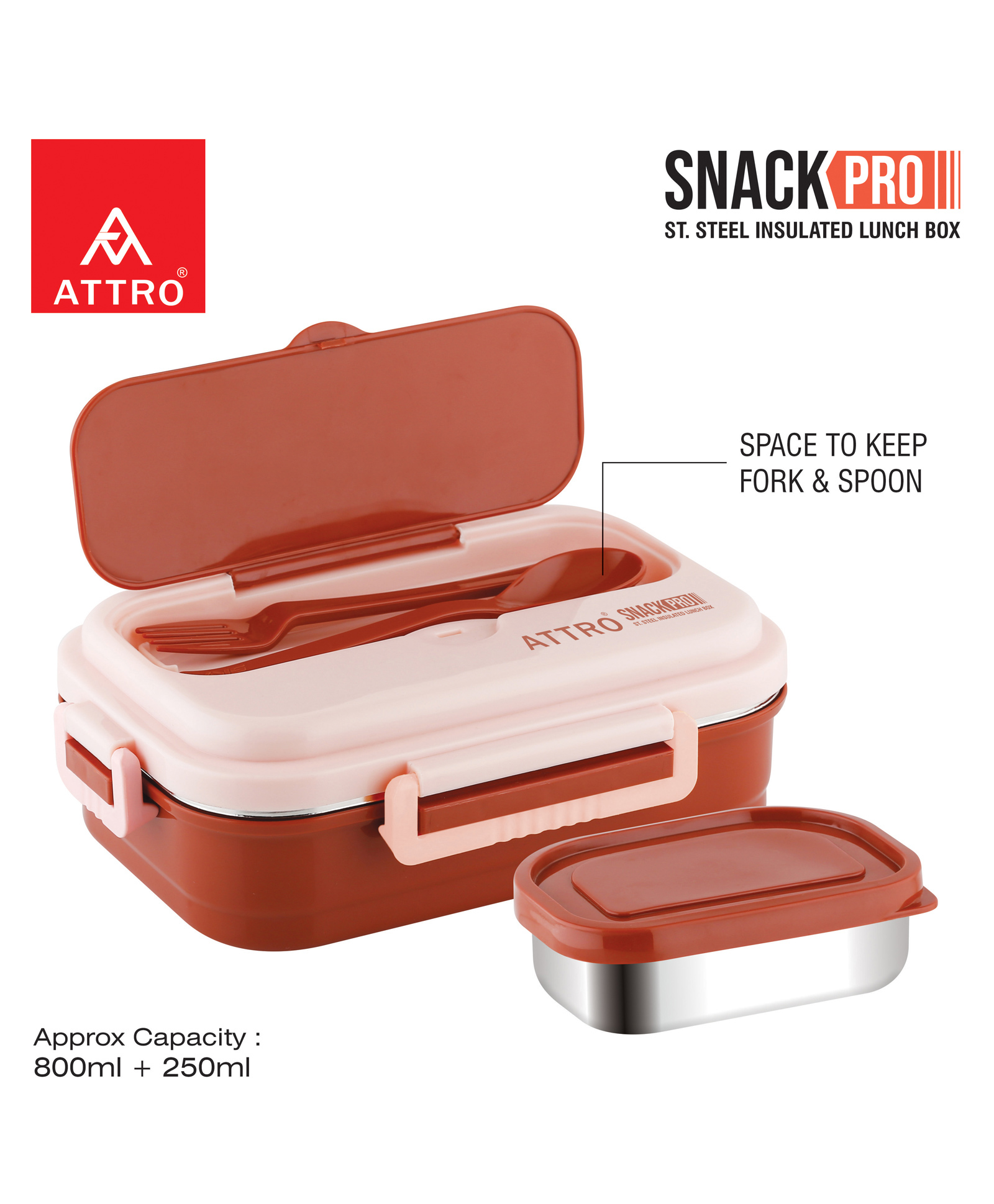 Attro Snackpro Lunch Box Airtight & Leak Proof Containers with Fork - Peach-picture-46