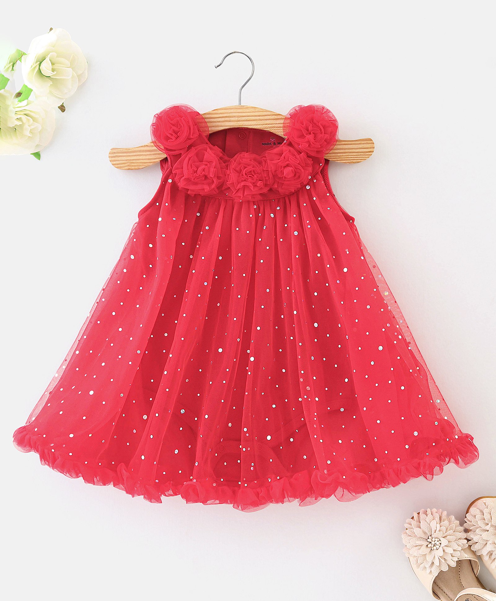 Mark & Mia Sleeveless Frock Style Onesie With Floral Applique & Polka Dot Print - Red-picture-10