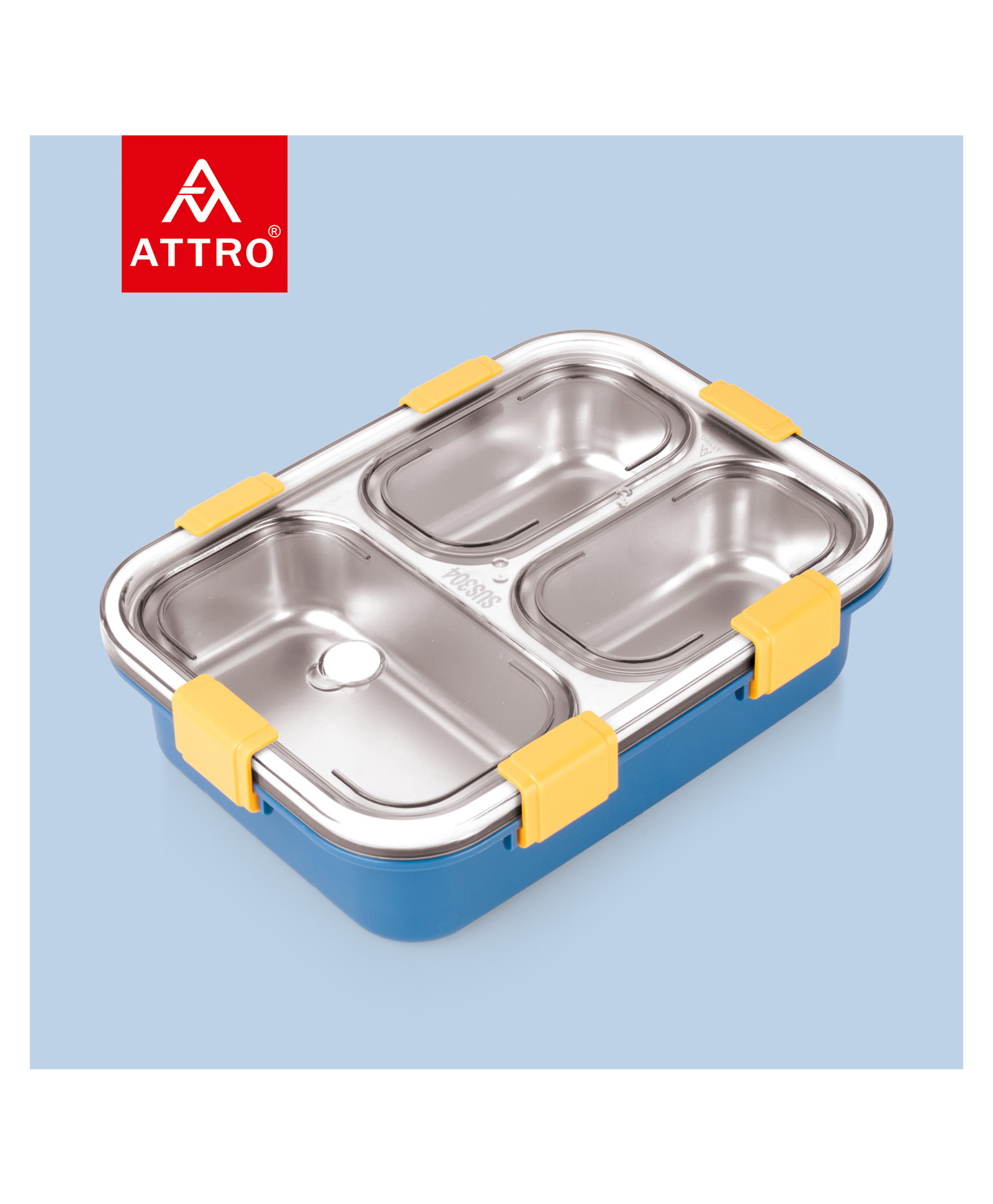 Attro Bento 3 Compartment Stainless Steel Lunch Box with Steel Cutlery Inside Heating & Water insulation Design - Navy Blue-picture-11