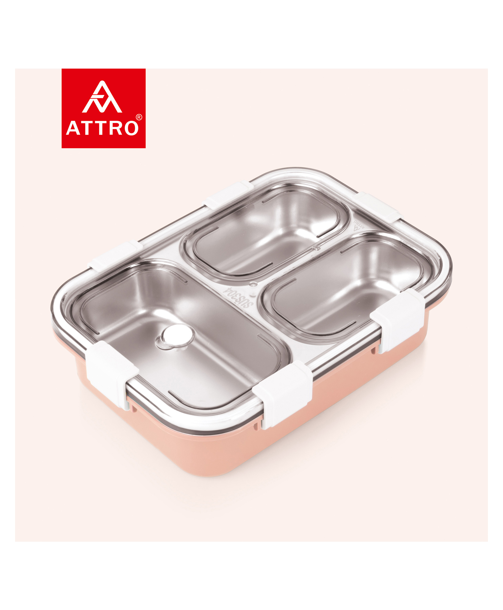 Attro Bento 3 Compartment Stainless Steel Lunch Box with Steel Cutlery Inside Heating & Water insulation Design - Pink-picture-41