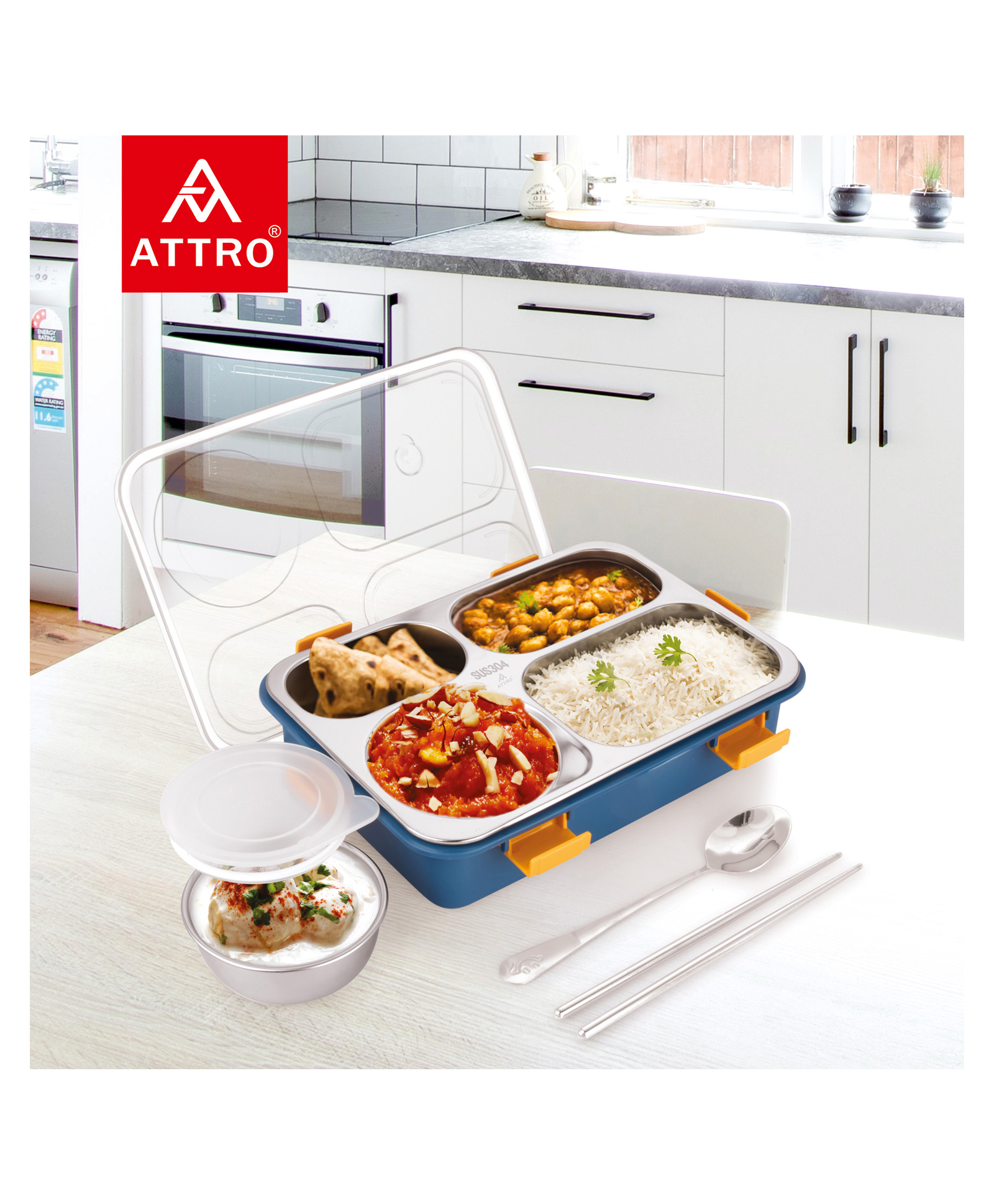 Attro Bento 4 Compartment Stainless Steel Lunch Box with 1 Small Bowl Steel Spoon & Chopstick Heating & Water Insulation Design - Navy Blue-picture-32