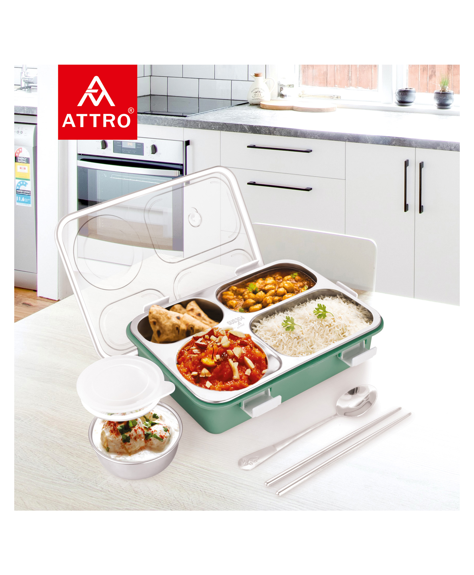 Attro Bento 4 Compartment Stainless Steel Lunch Box with 1 Small Bowl Steel Spoon & Chopstick Heating & Water Insulation Design - Olive Green-picture-13