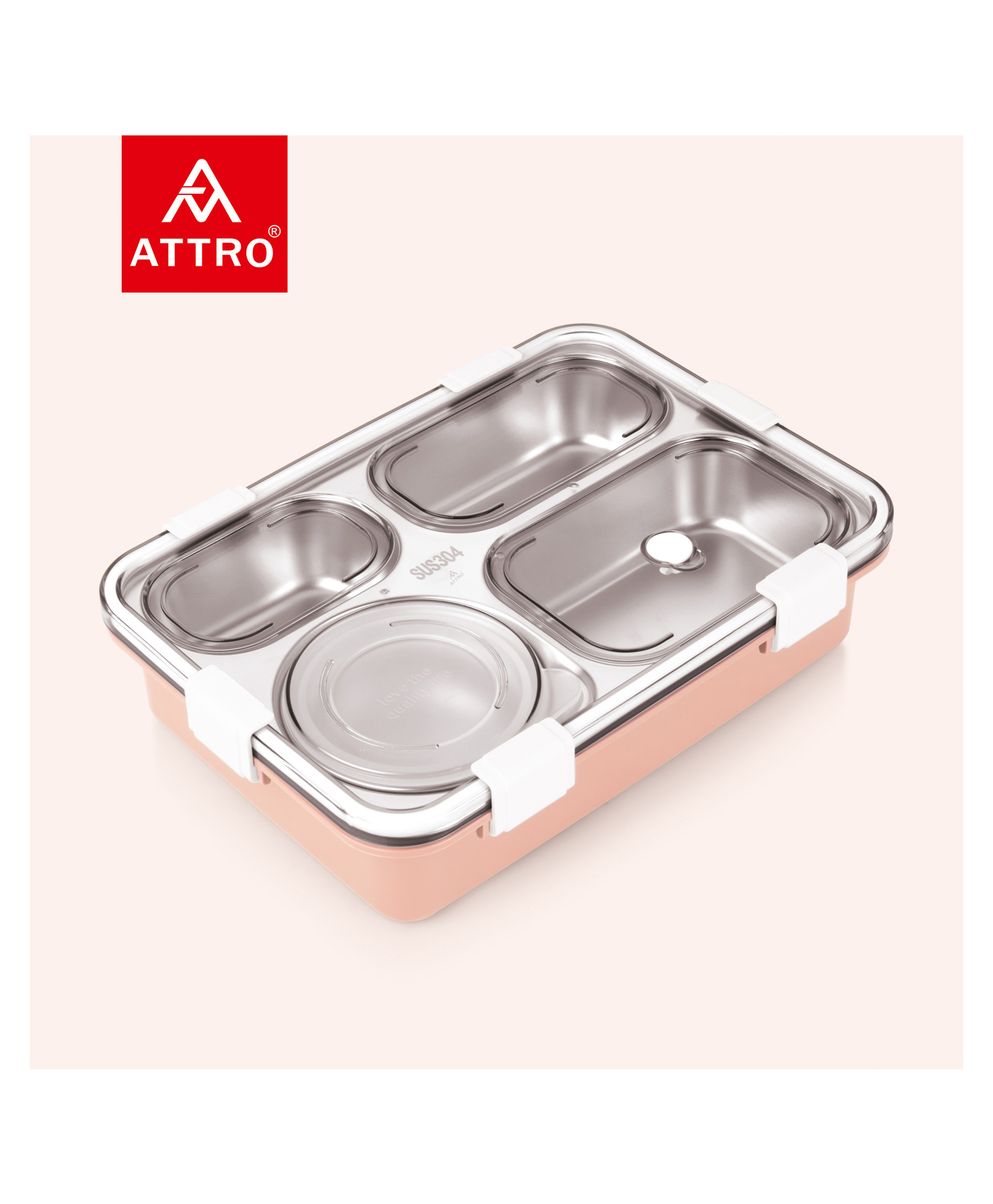 Attro Bento 4 Compartment Stainless Steel Lunch Box with 1 Small Bowl Steel Spoon & Chopstick Heating & Water Insulation Design - Pink-picture-29