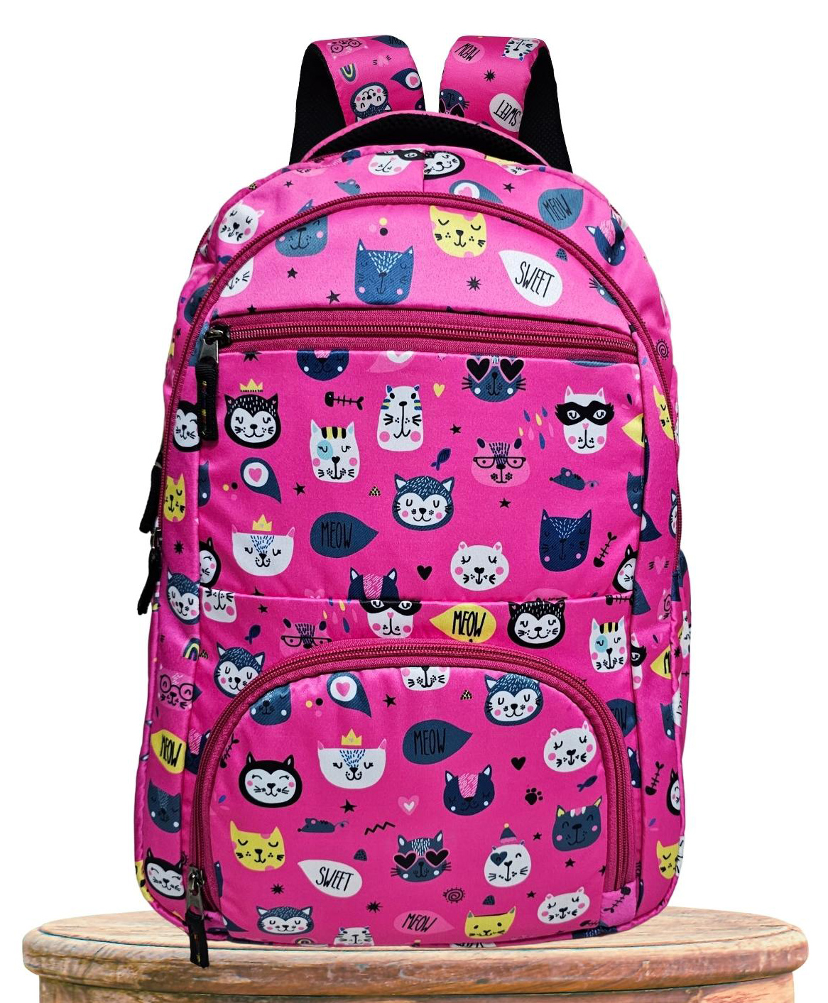 KARBD School Bag Laptop Backpack for Kids Meow Design Pink - 18 Inches-image-2